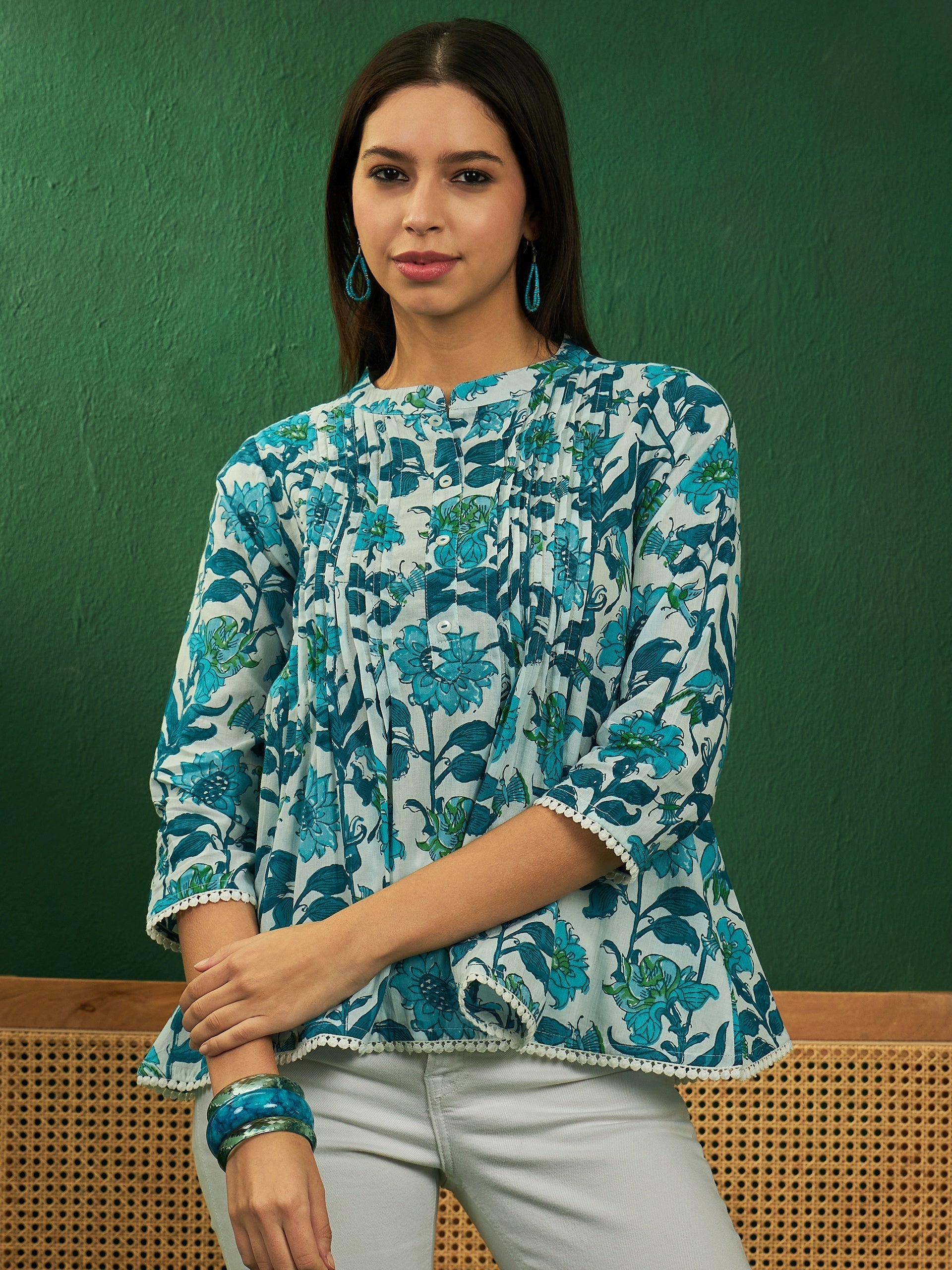 InWeave White Sea Blue Floral Print Front Pintex Lace Top 
