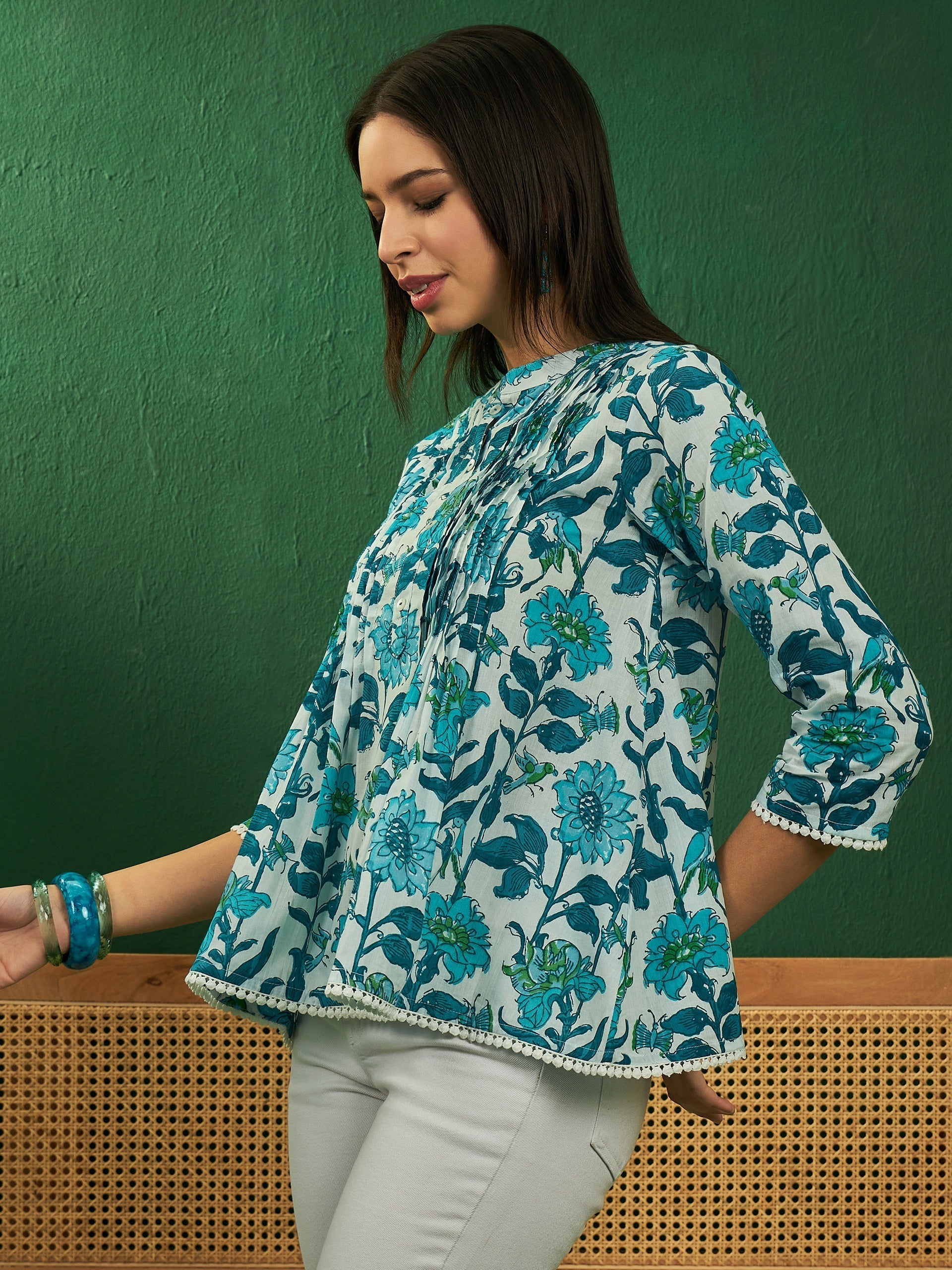 InWeave White Sea Blue Floral Print Front Pintex Lace Top 