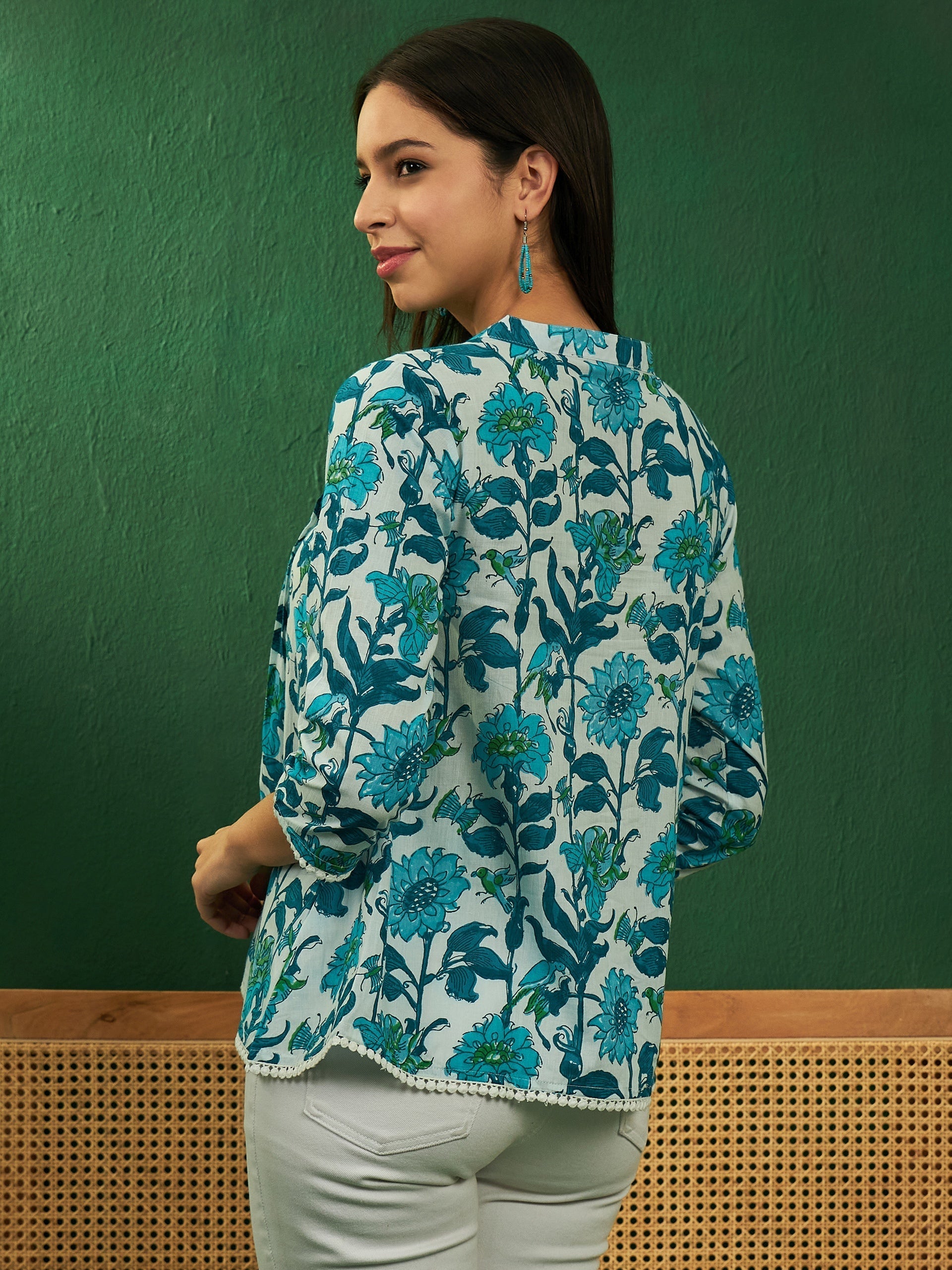 InWeave White Sea Blue Floral Print Front Pintex Lace Top 