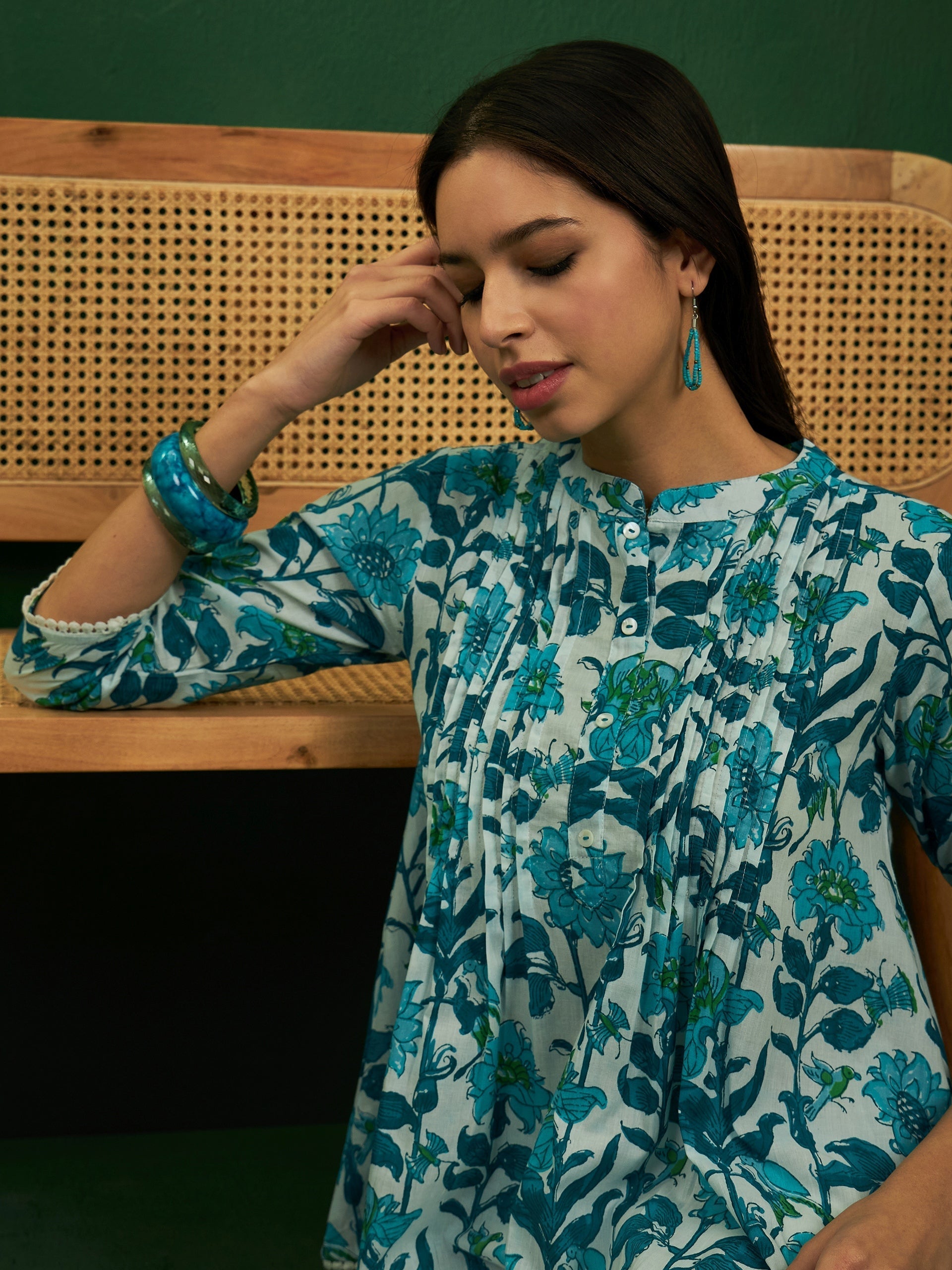 InWeave White Sea Blue Floral Print Front Pintex Lace Top 