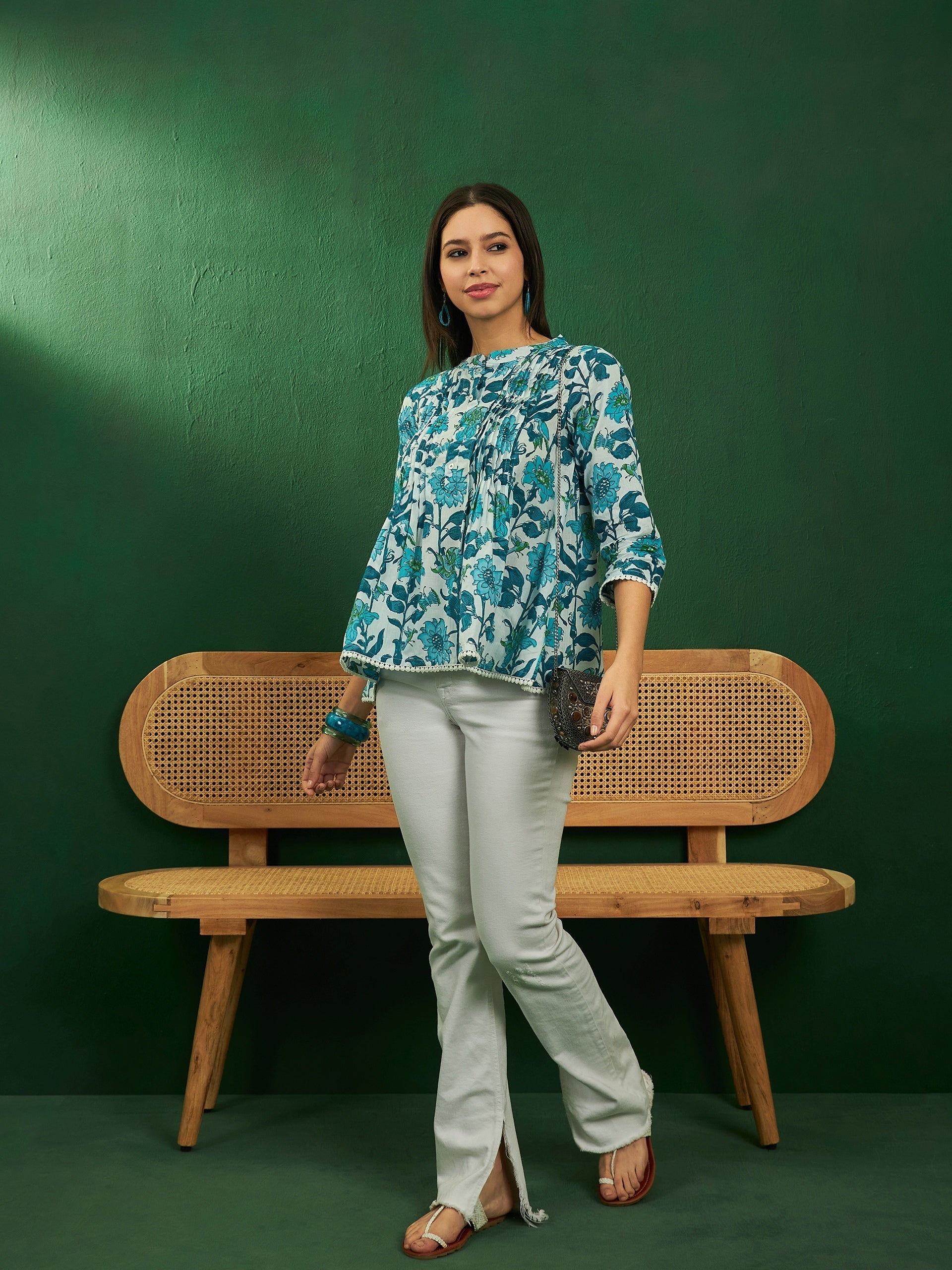 InWeave White Sea Blue Floral Print Front Pintex Lace Top 
