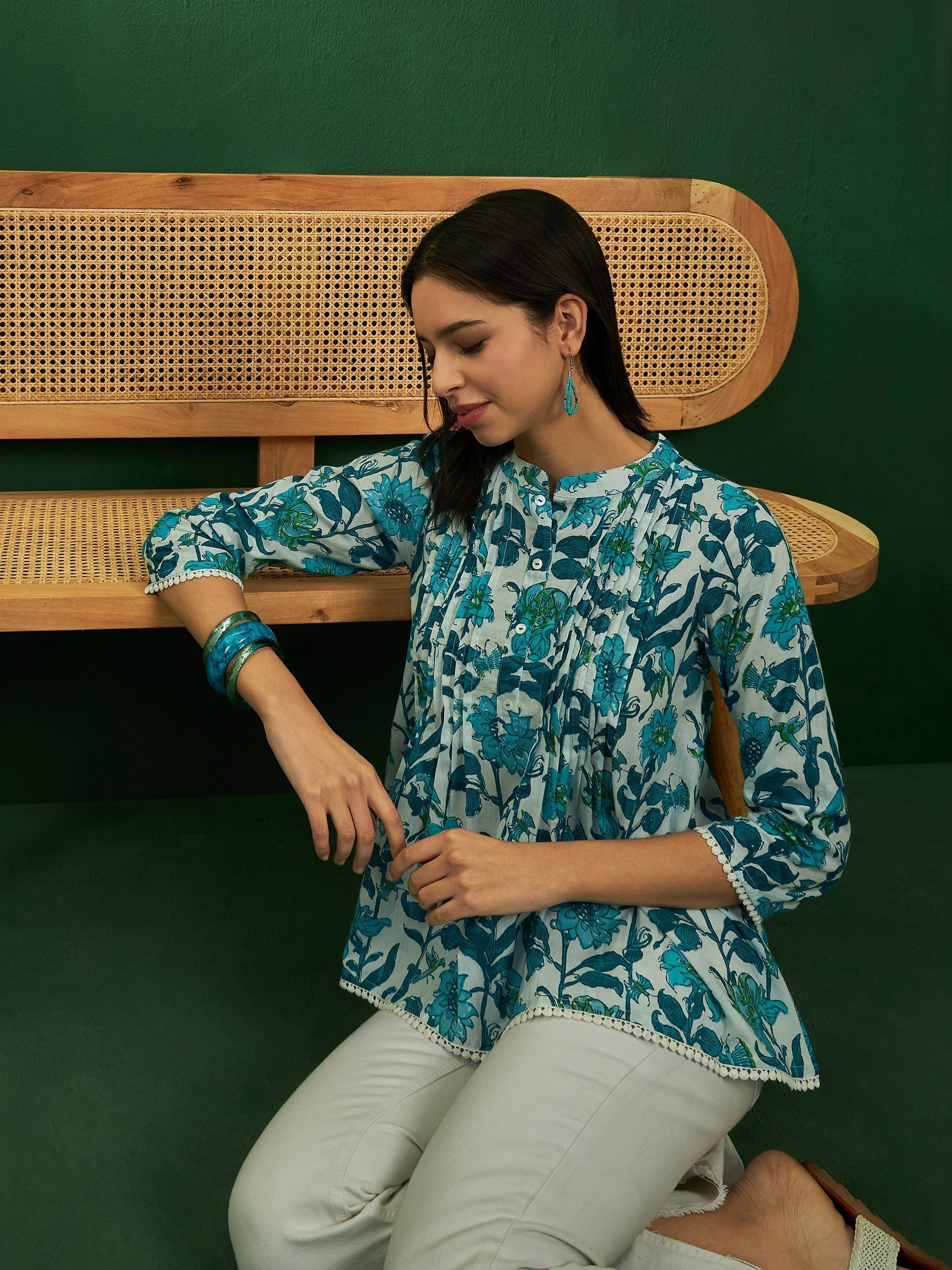 InWeave White Sea Blue Floral Print Front Pintex Lace Top 