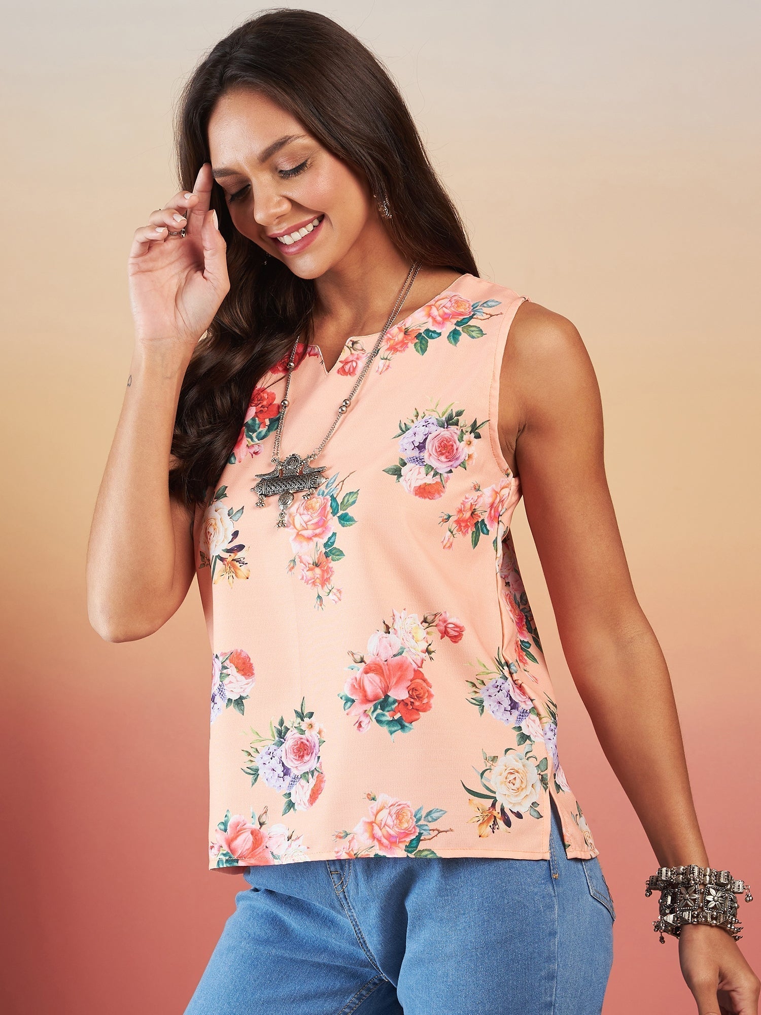 InWeave Peach Rose Print W/S Top 