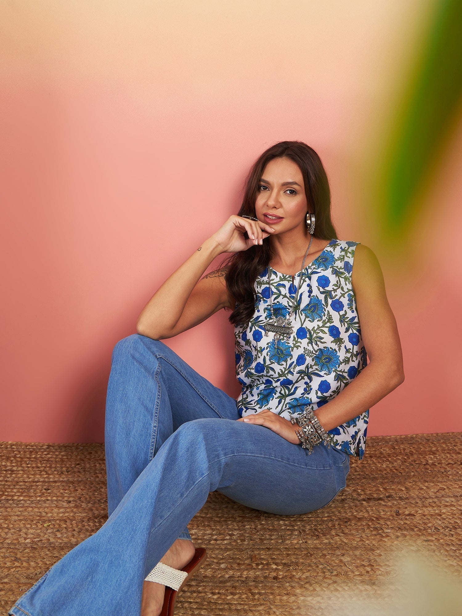 InWeave White Blue Floral Jaal Print W/S Top 