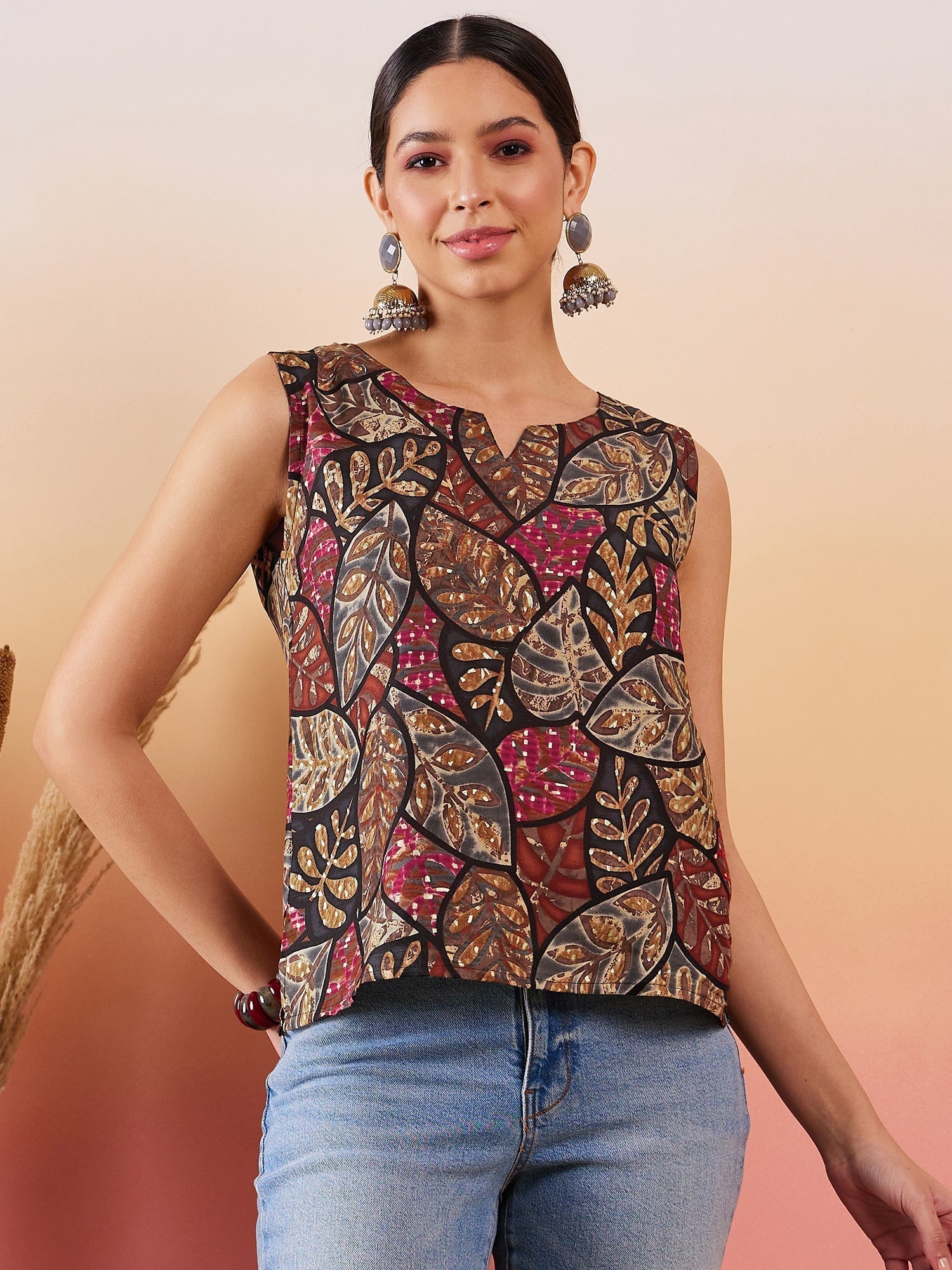 InWeave Black Grey Leaf Print Foil W/S Top 