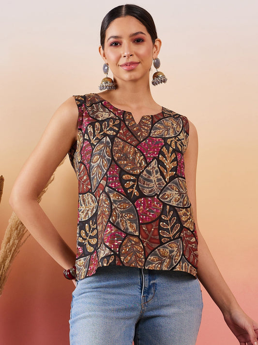 InWeave Black Grey Leaf Print Foil W/S Top 