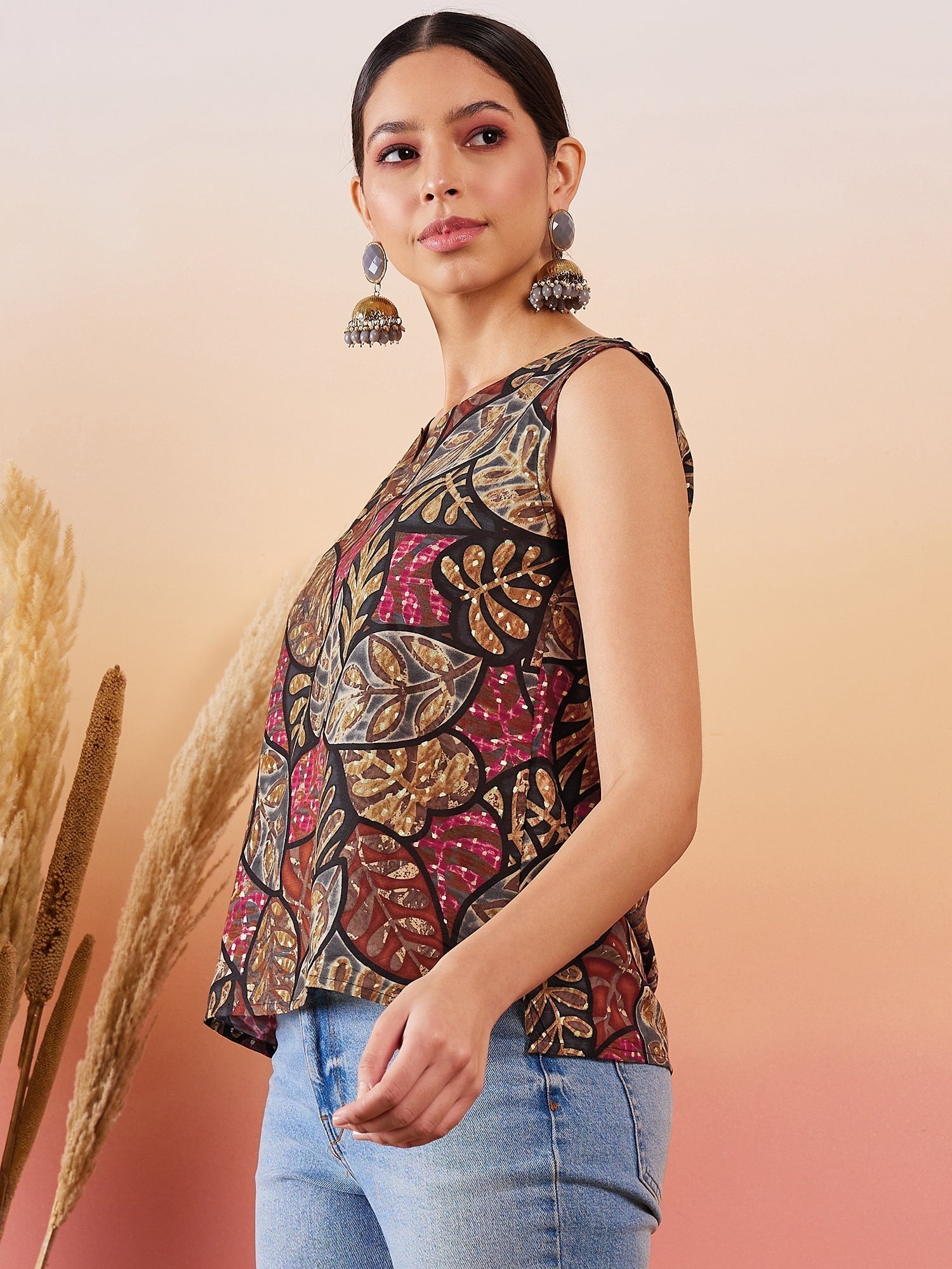 InWeave Black Grey Leaf Print Foil W/S Top 