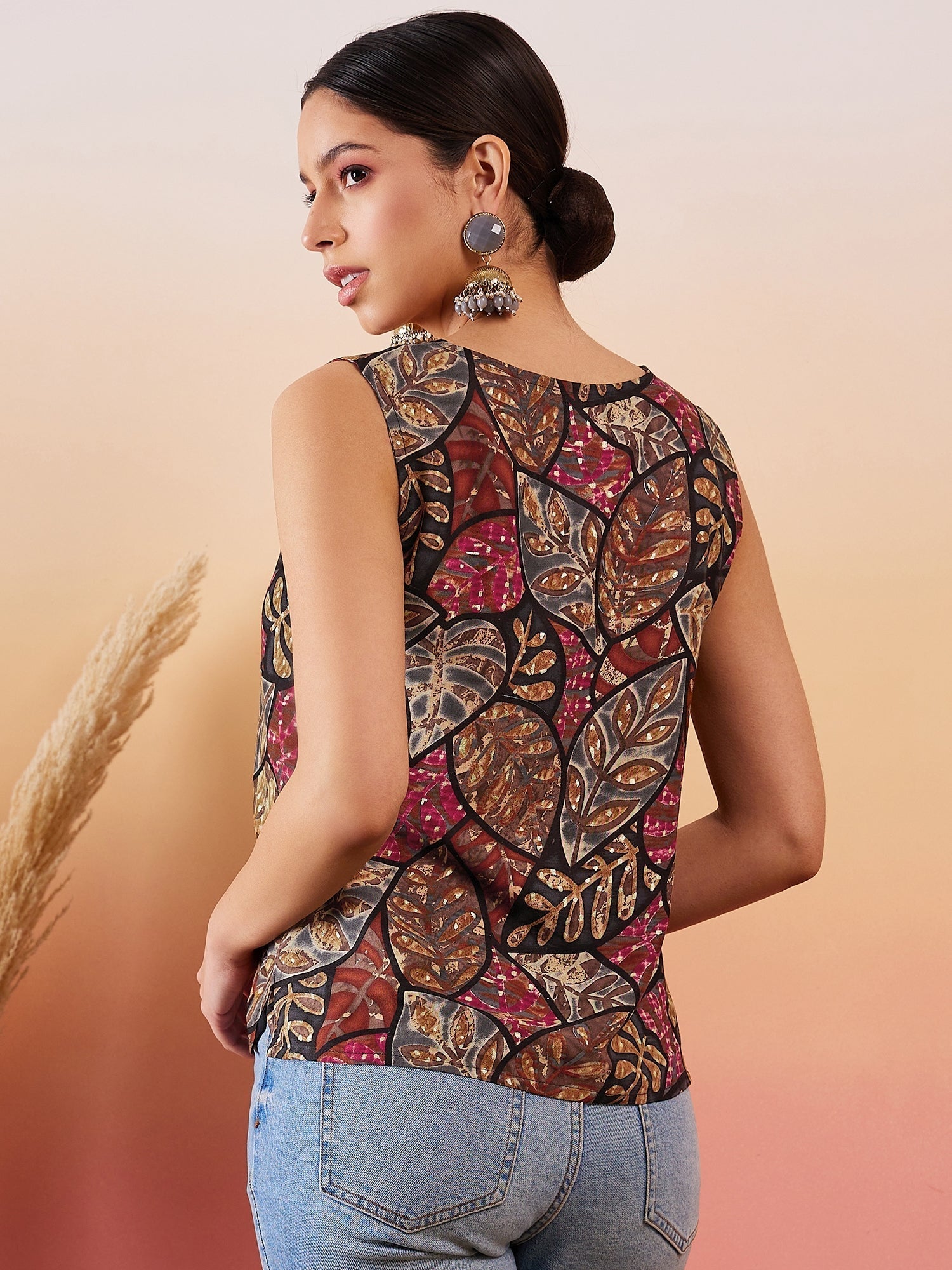 InWeave Black Grey Leaf Print Foil W/S Top 