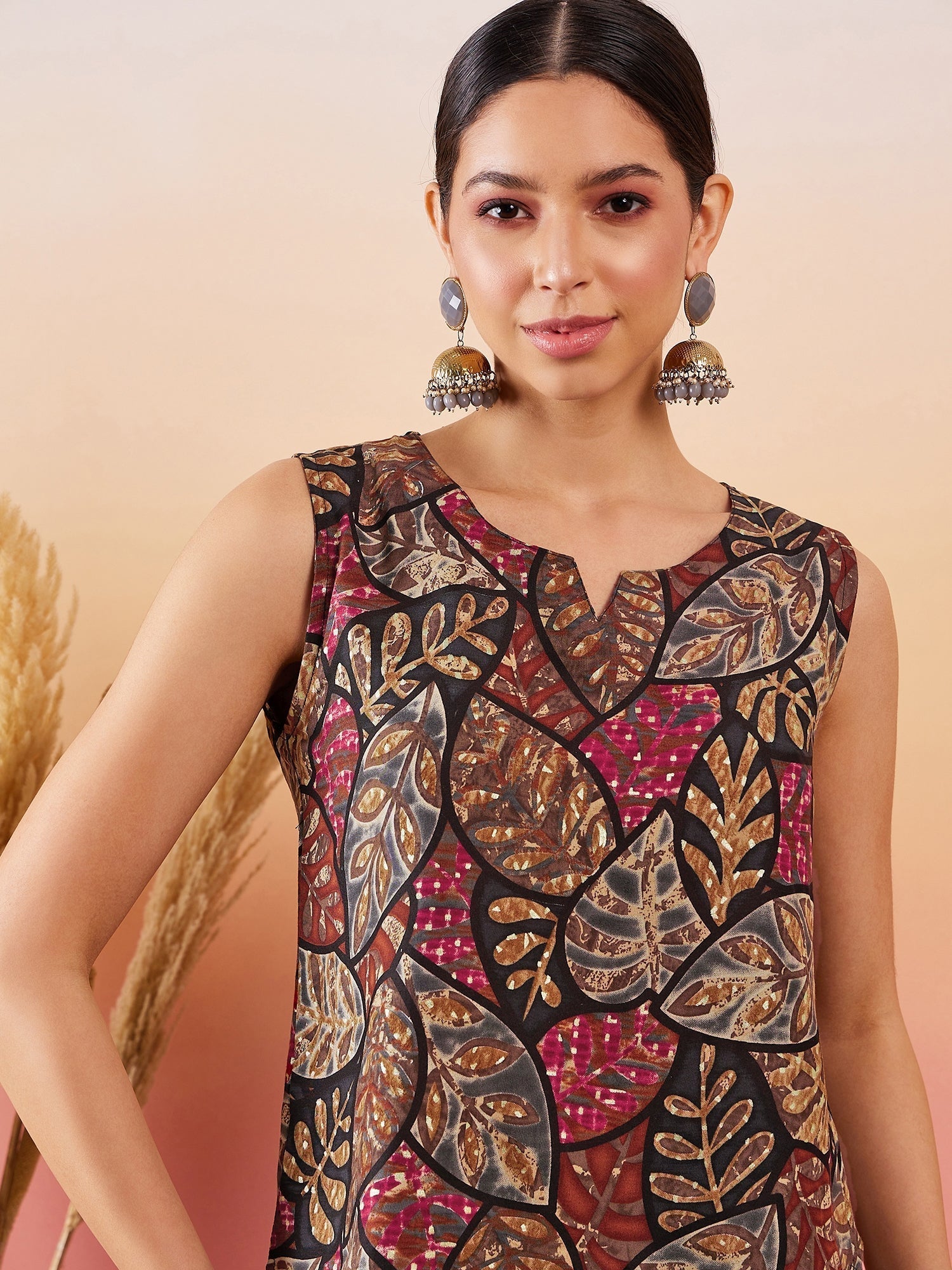 InWeave Black Grey Leaf Print Foil W/S Top 