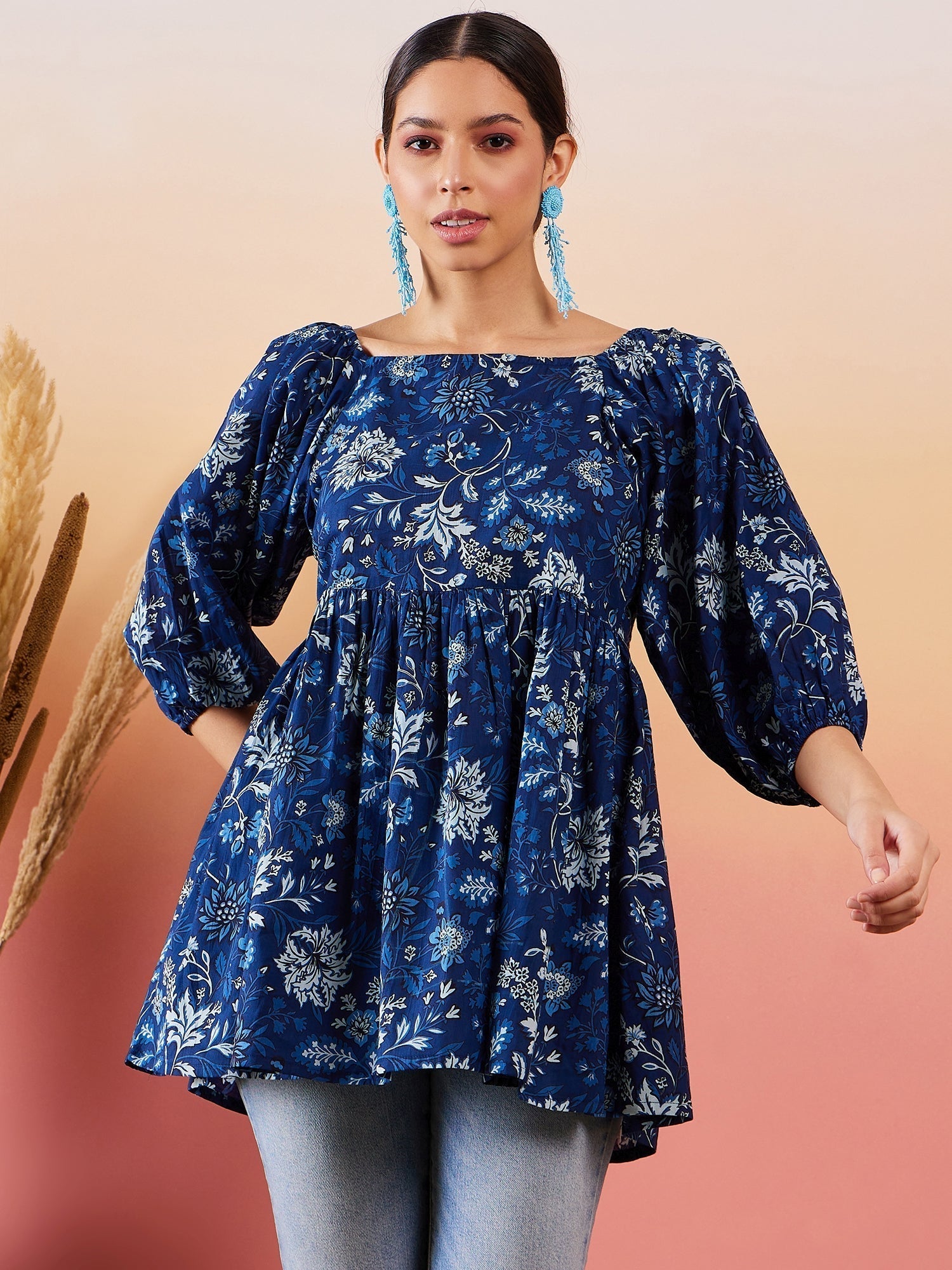 InWeave Indigo Floral Print Cold Shoulder Top 