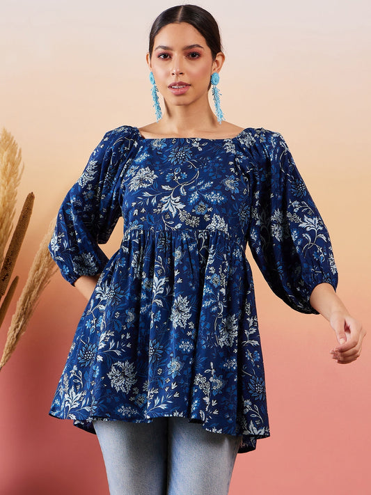 InWeave Indigo Floral Print Cold Shoulder Top 