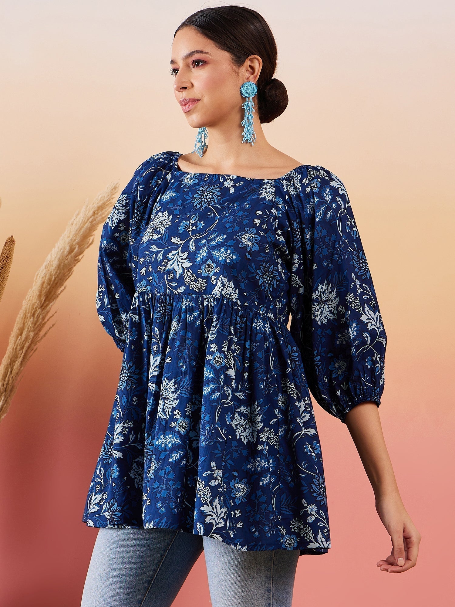 InWeave Indigo Floral Print Cold Shoulder Top 