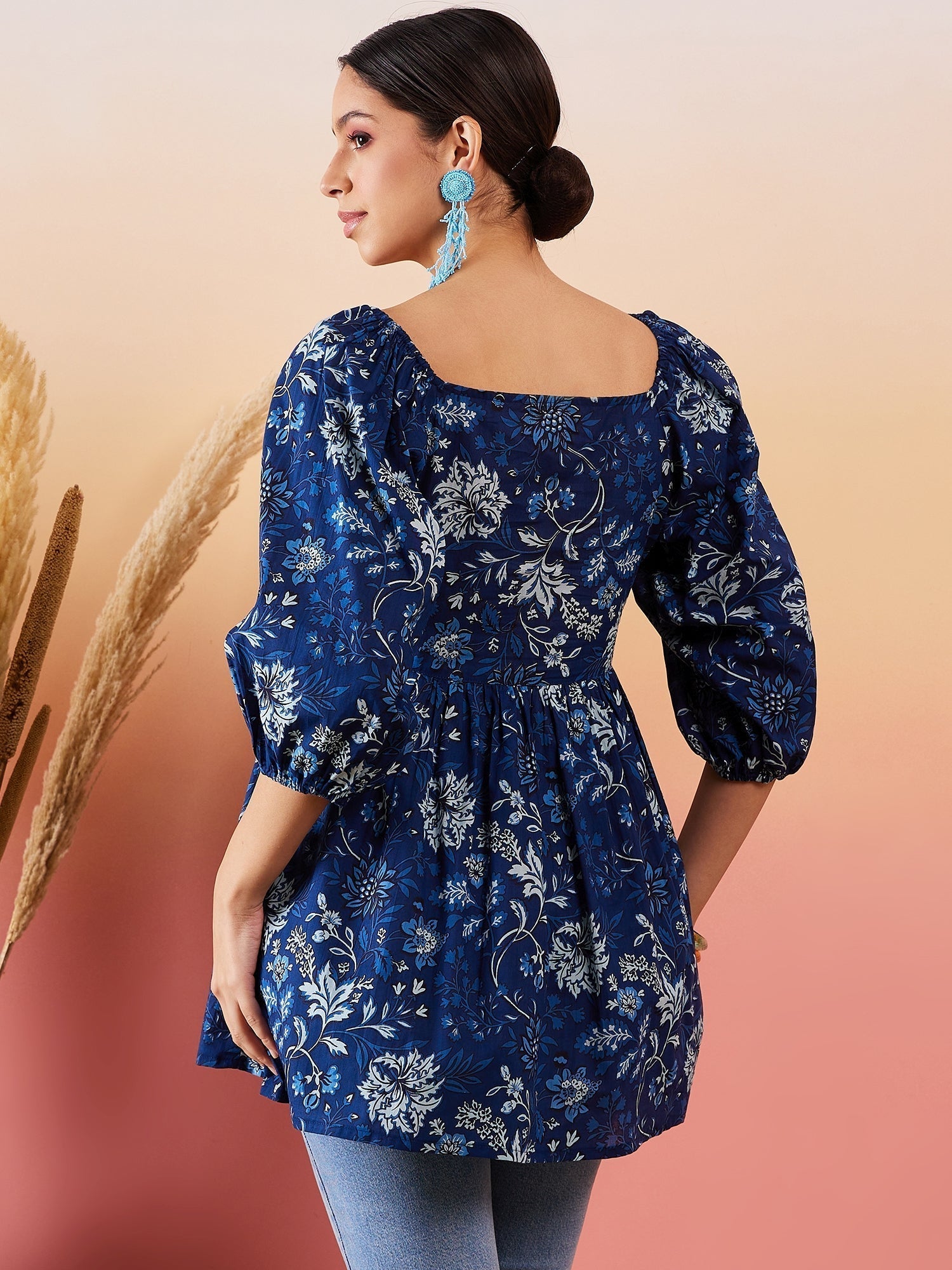 InWeave Indigo Floral Print Cold Shoulder Top 