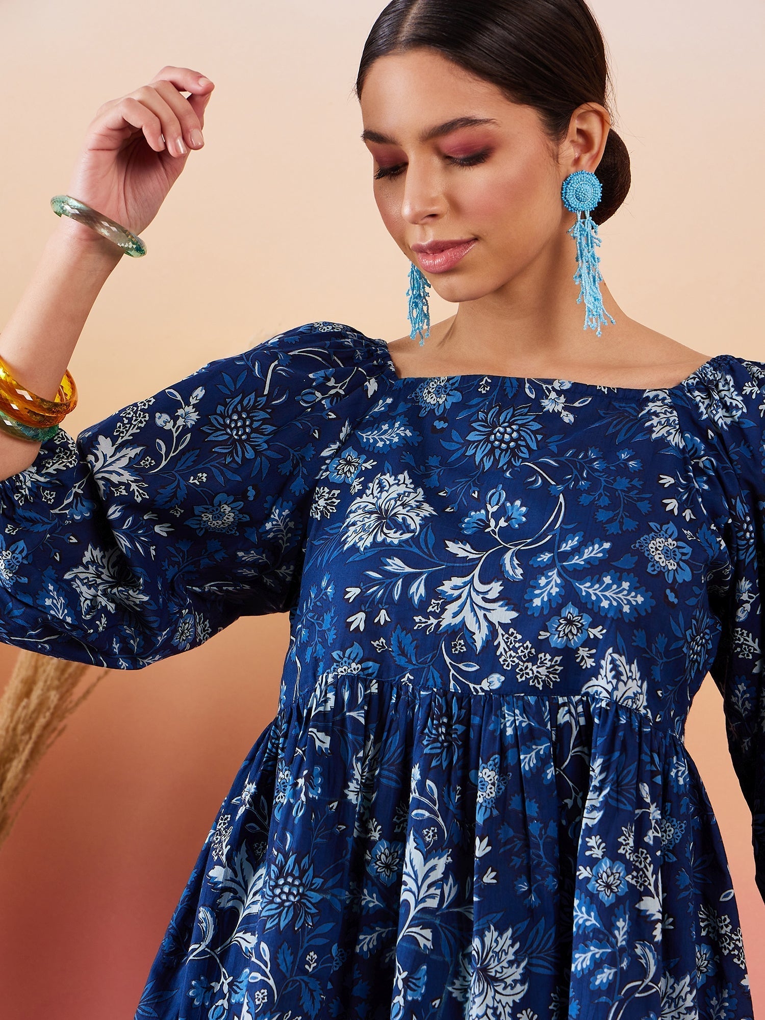 InWeave Indigo Floral Print Cold Shoulder Top 