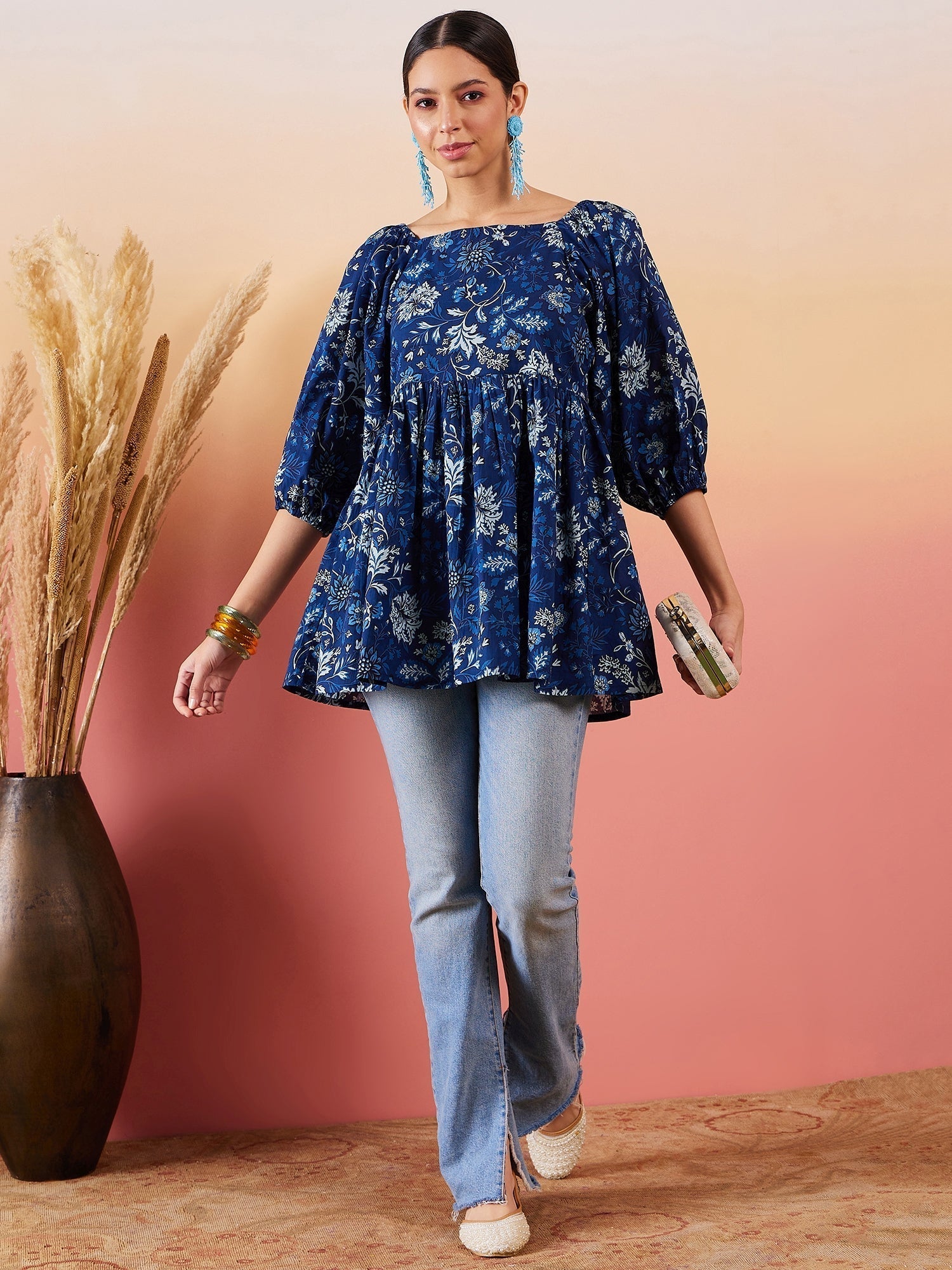 InWeave Indigo Floral Print Cold Shoulder Top 