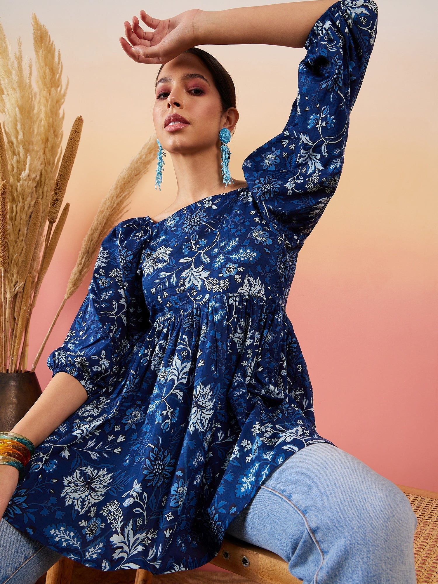 InWeave Indigo Floral Print Cold Shoulder Top 