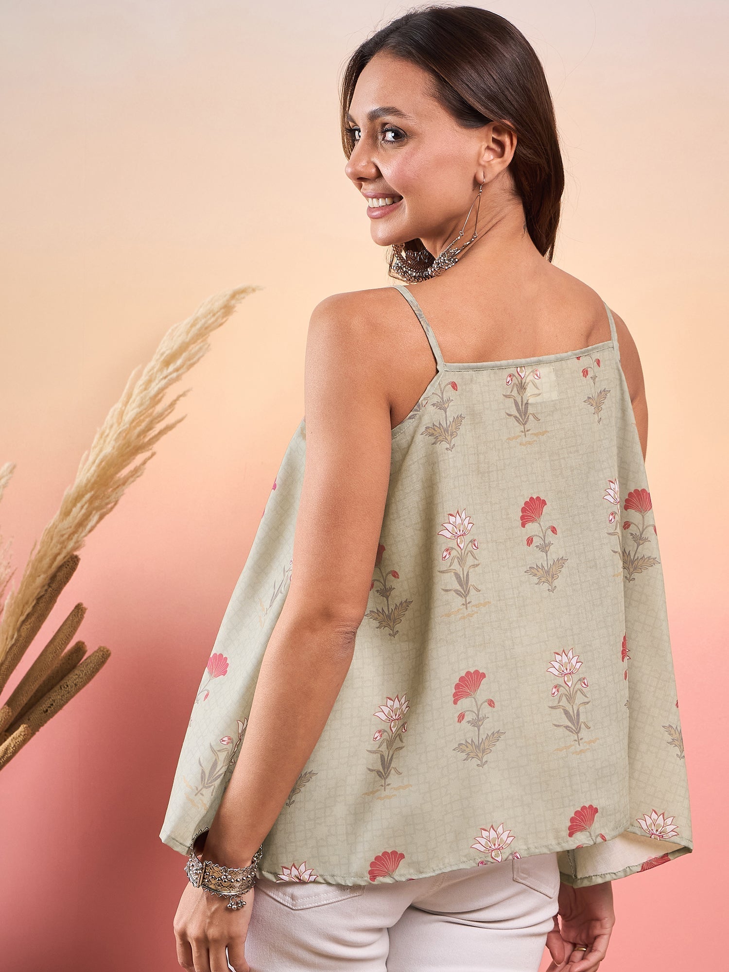 InWeave Tea Green Floral Strappe Flare Top 