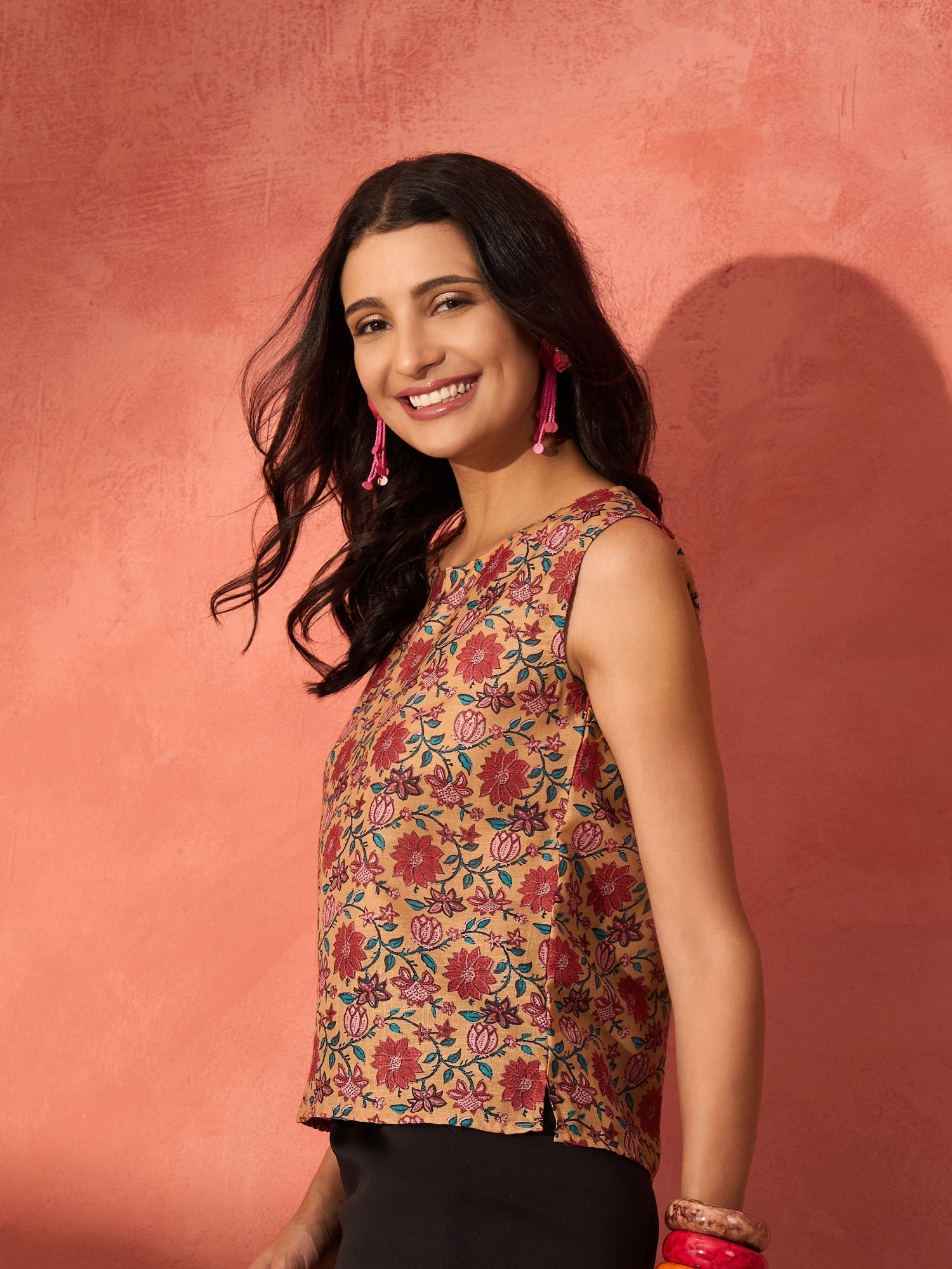 InWeave Mustard Orange Floral Jaal Print W/S Top 