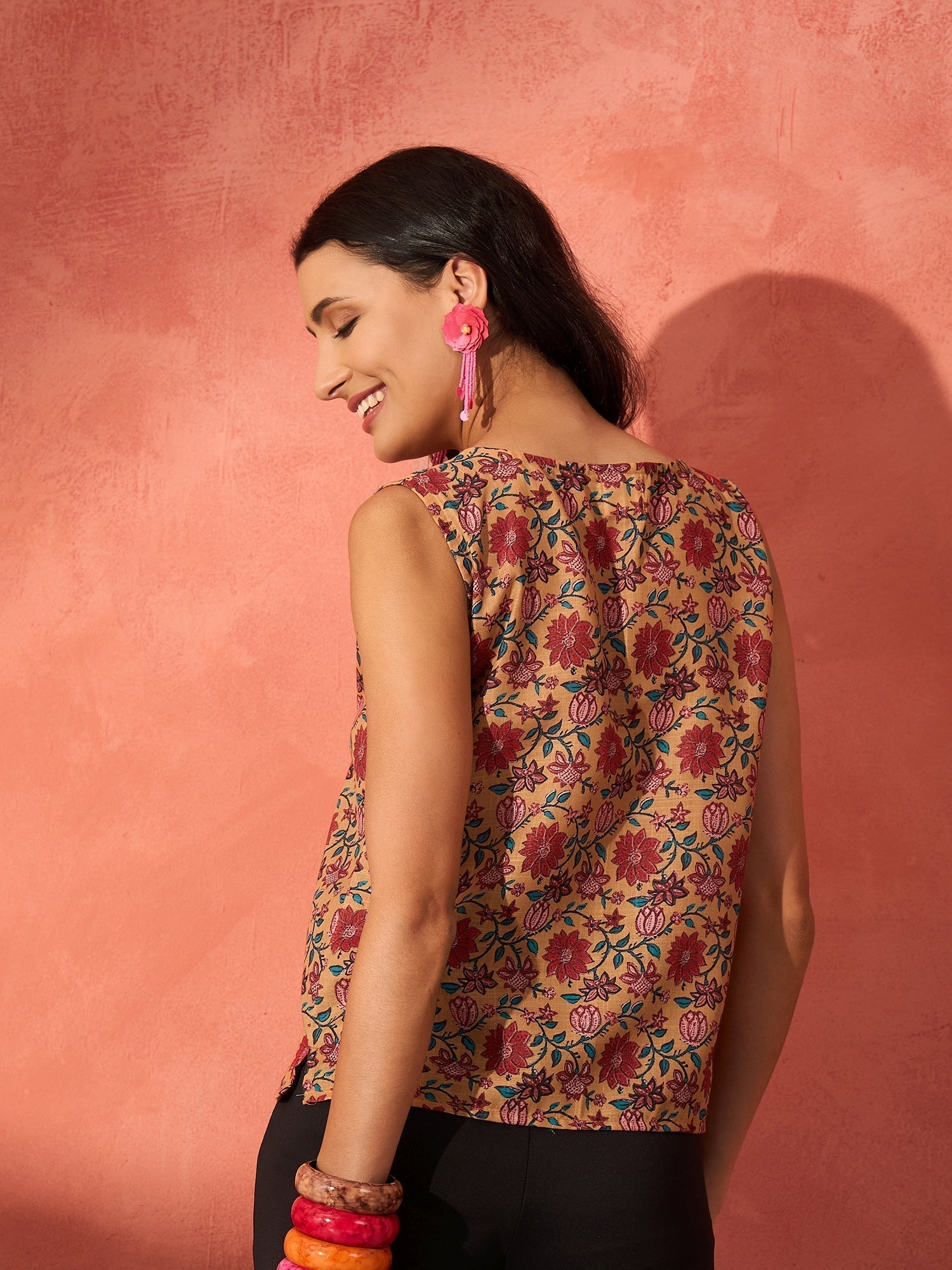 InWeave Mustard Orange Floral Jaal Print W/S Top 