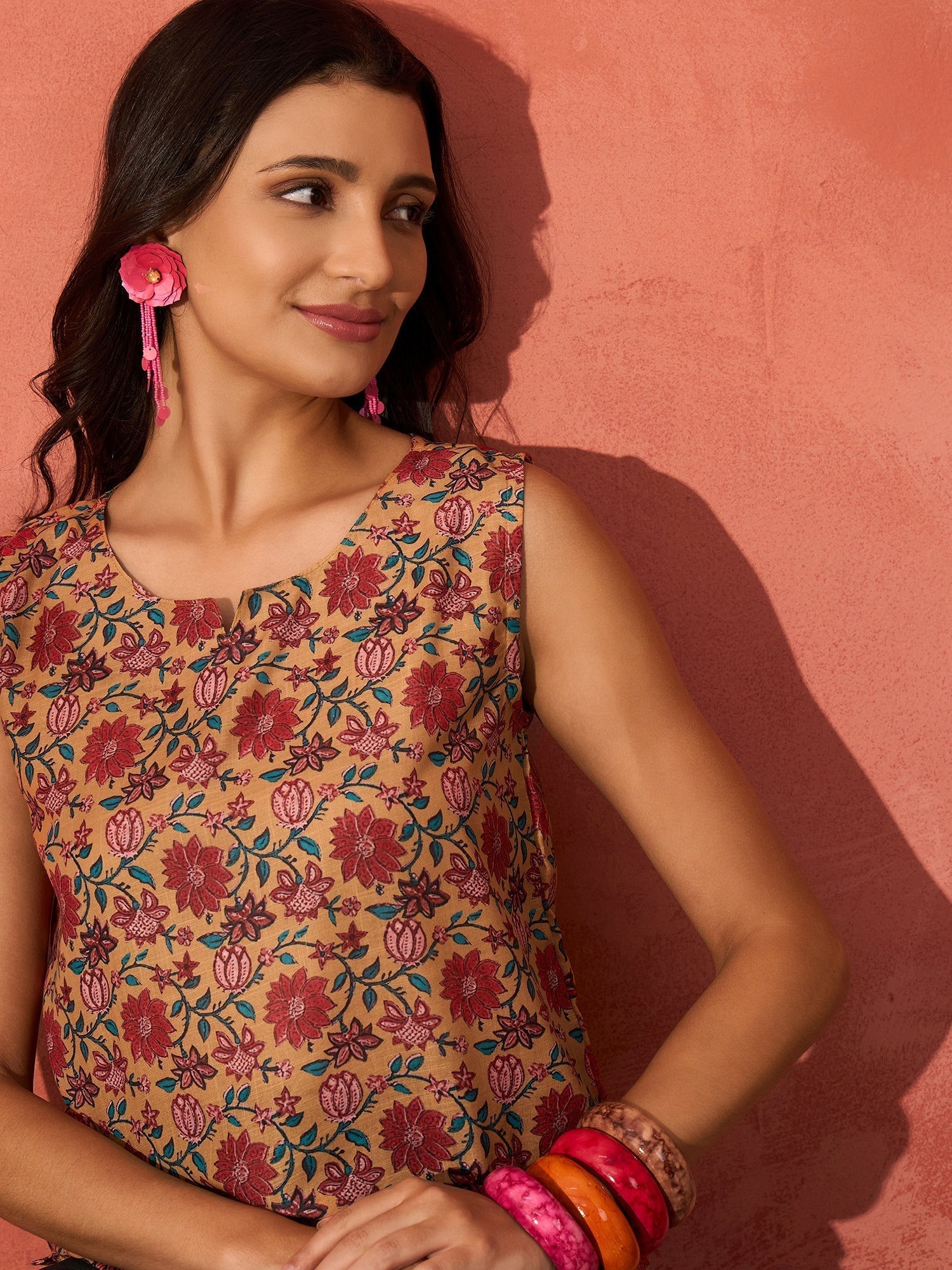InWeave Mustard Orange Floral Jaal Print W/S Top 