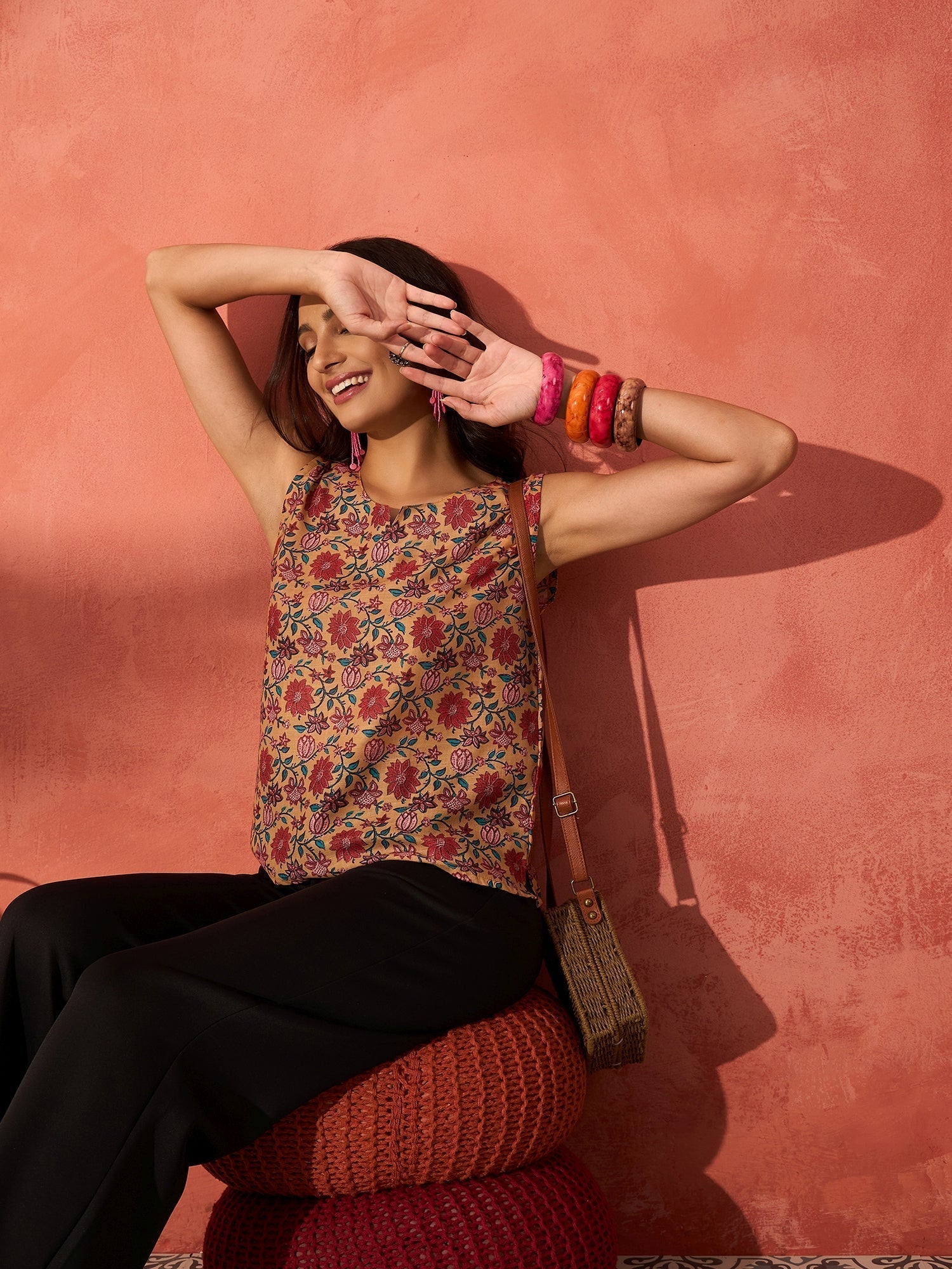 InWeave Mustard Orange Floral Jaal Print W/S Top 
