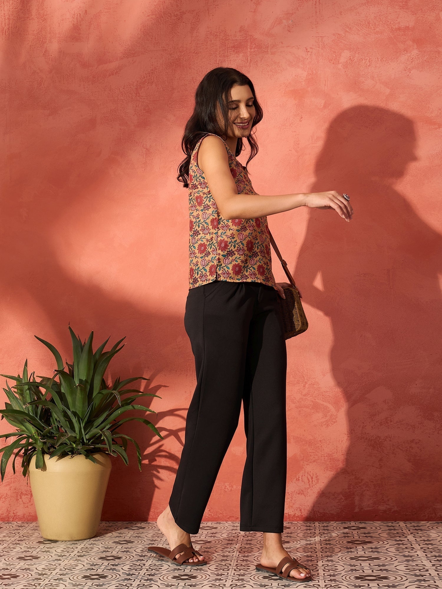 InWeave Mustard Orange Floral Jaal Print W/S Top 