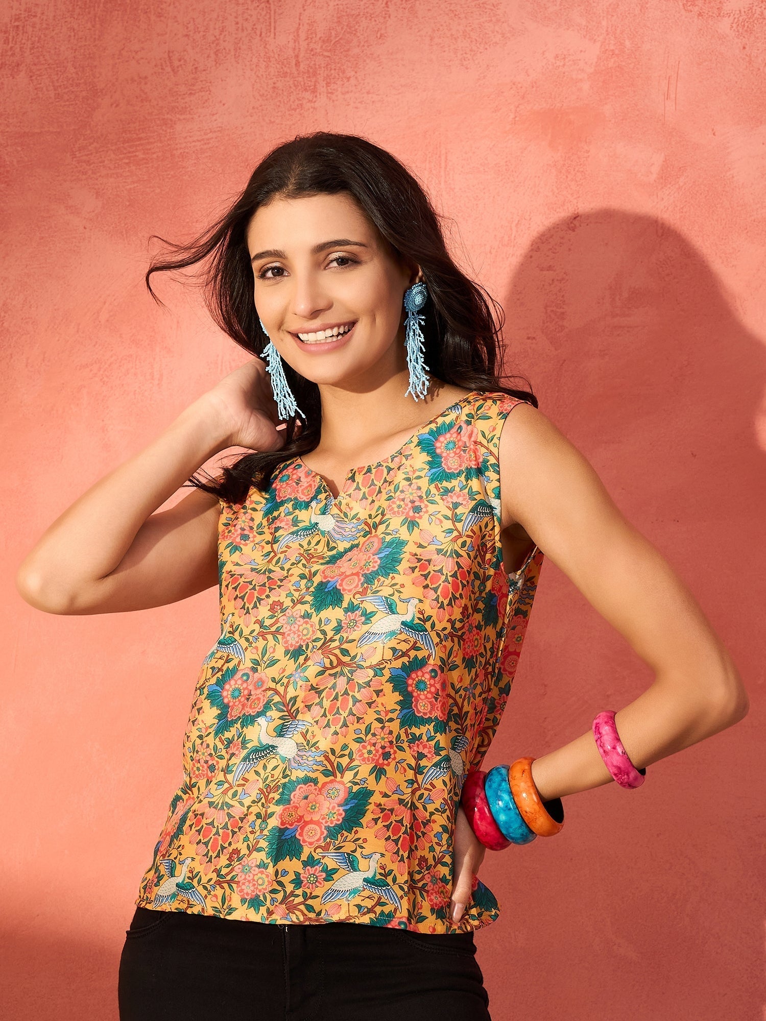 InWeave Corn Yellow Bird Floral Print W/S Top 