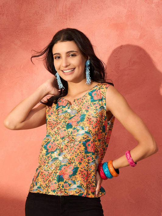 InWeave Corn Yellow Bird Floral Print W/S Top 