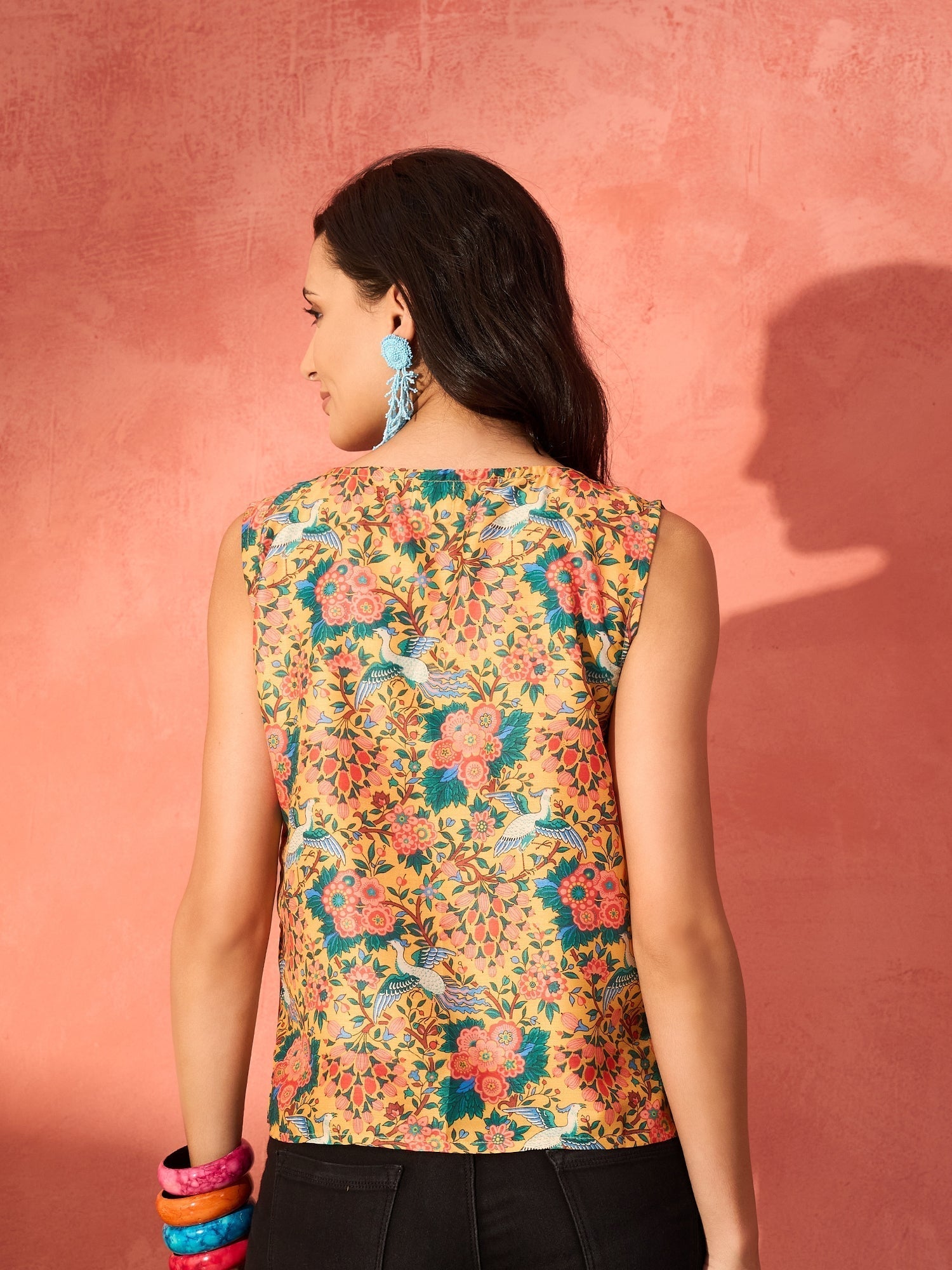 InWeave Corn Yellow Bird Floral Print W/S Top 