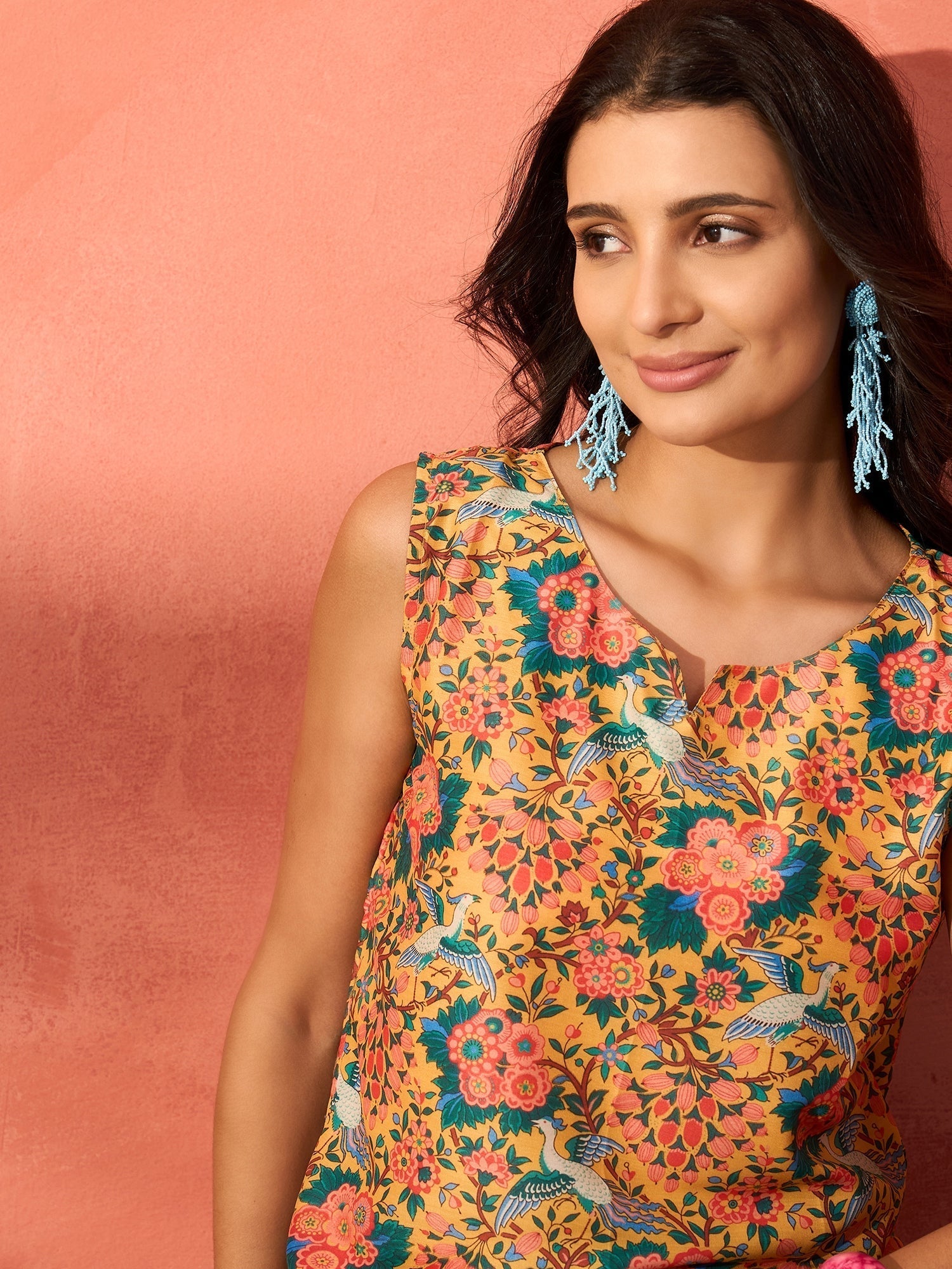 InWeave Corn Yellow Bird Floral Print W/S Top 