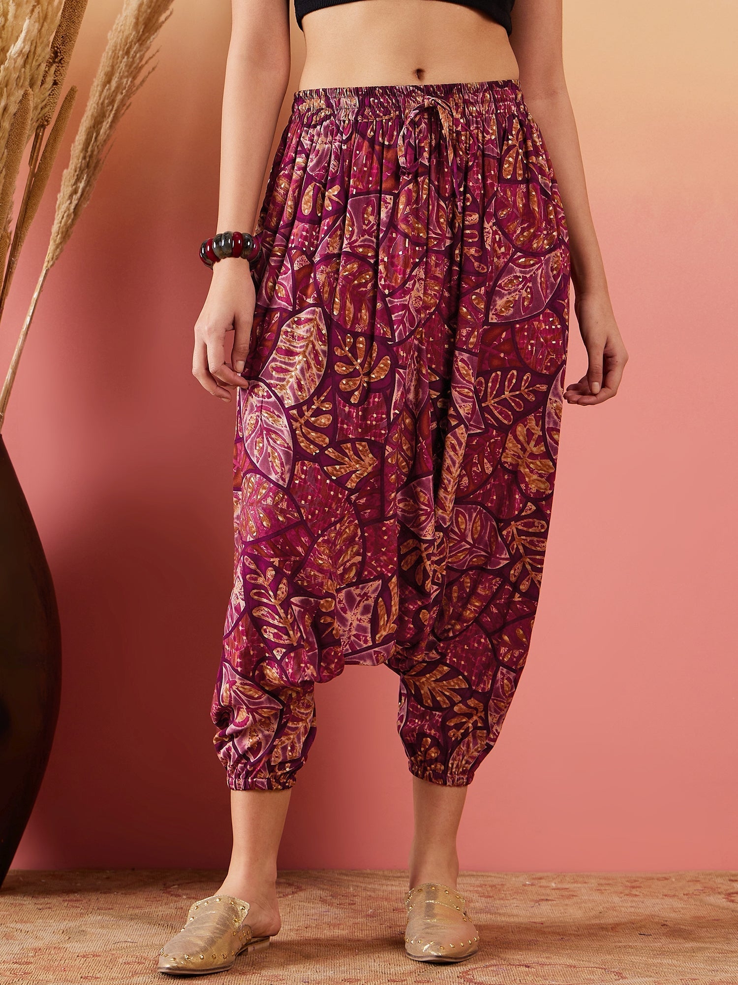 InWeave Wine Maroon Leaf Print Foil Harem Pant 