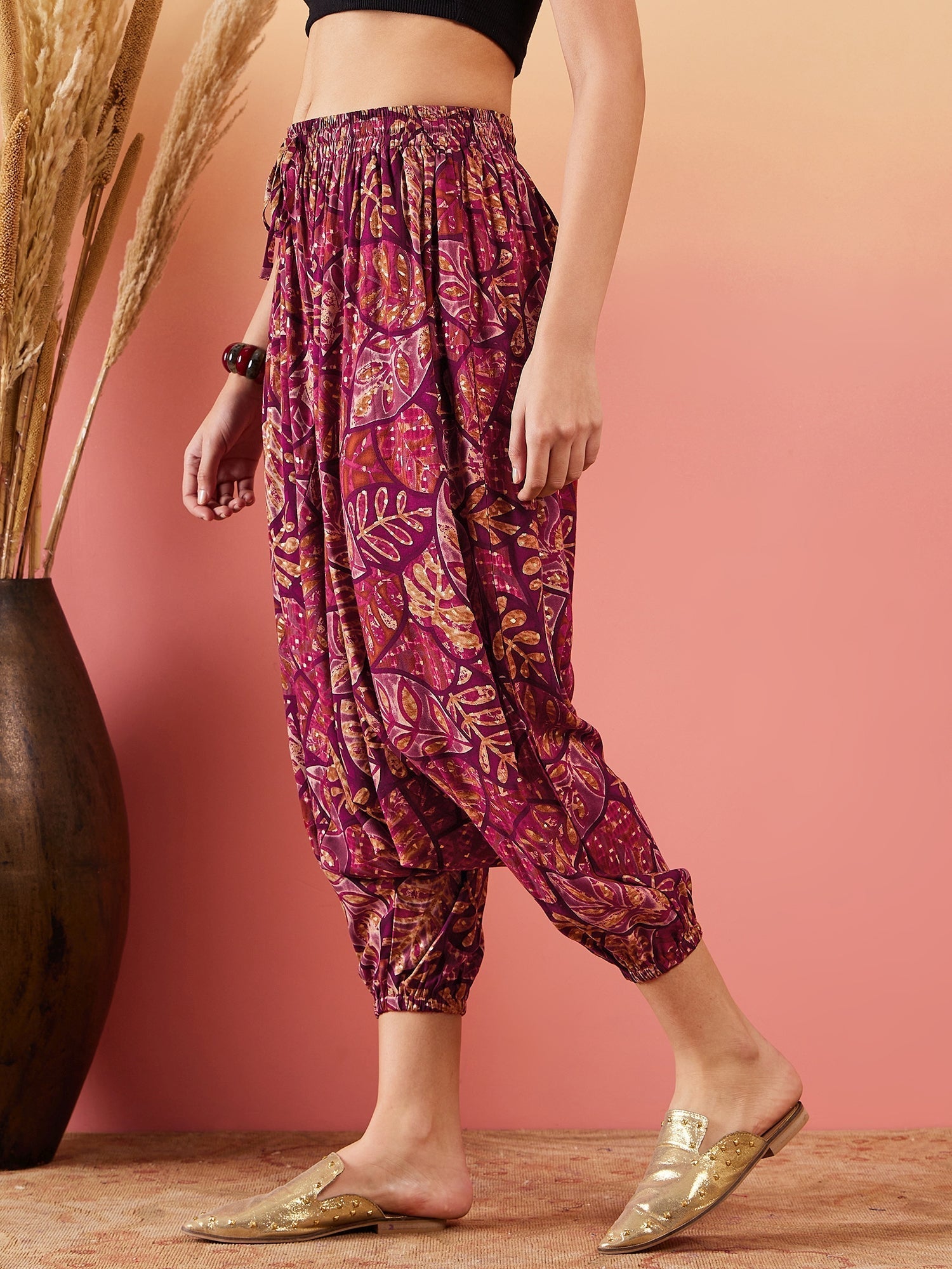 InWeave Wine Maroon Leaf Print Foil Harem Pant 