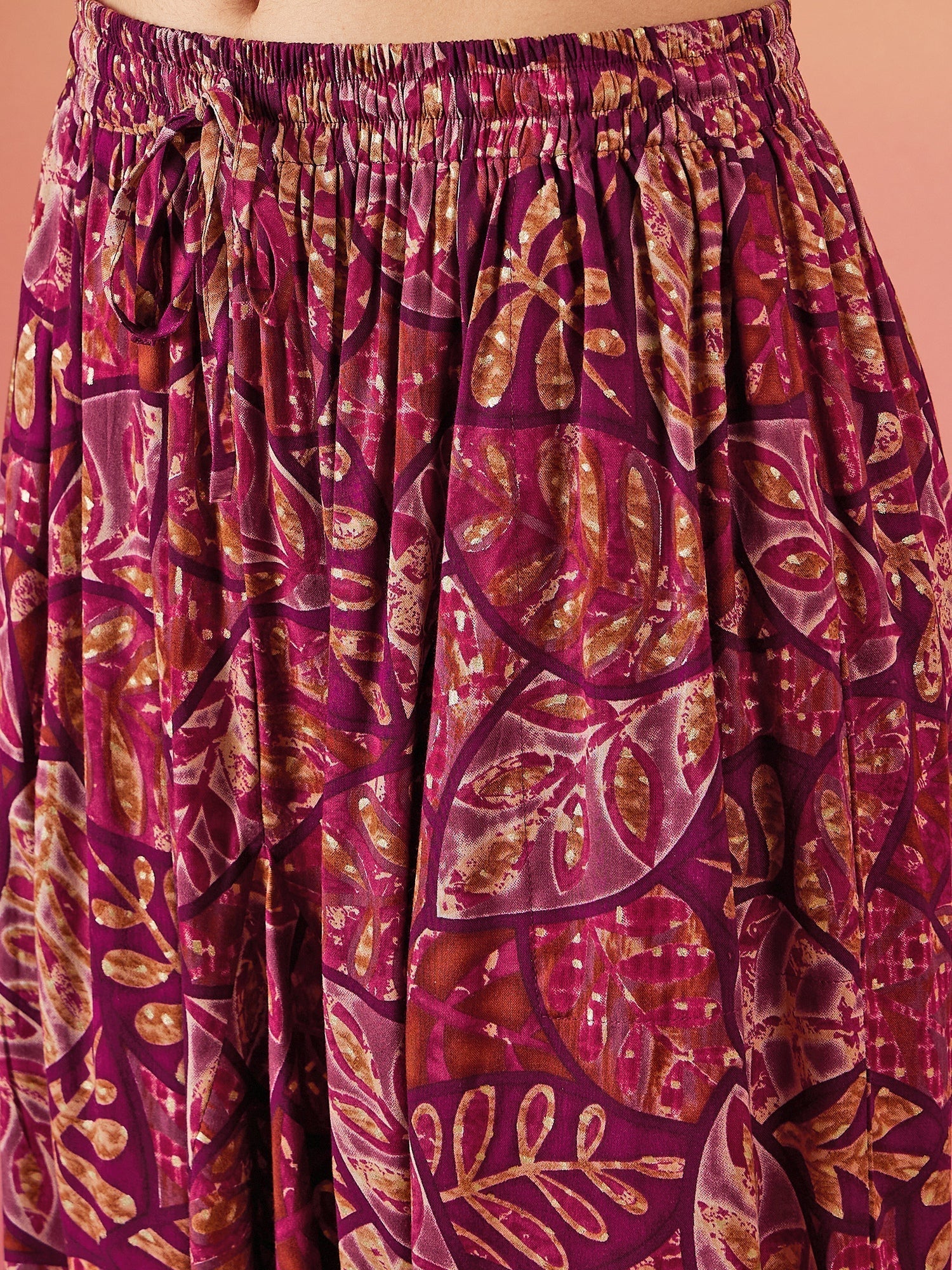 InWeave Wine Maroon Leaf Print Foil Harem Pant 