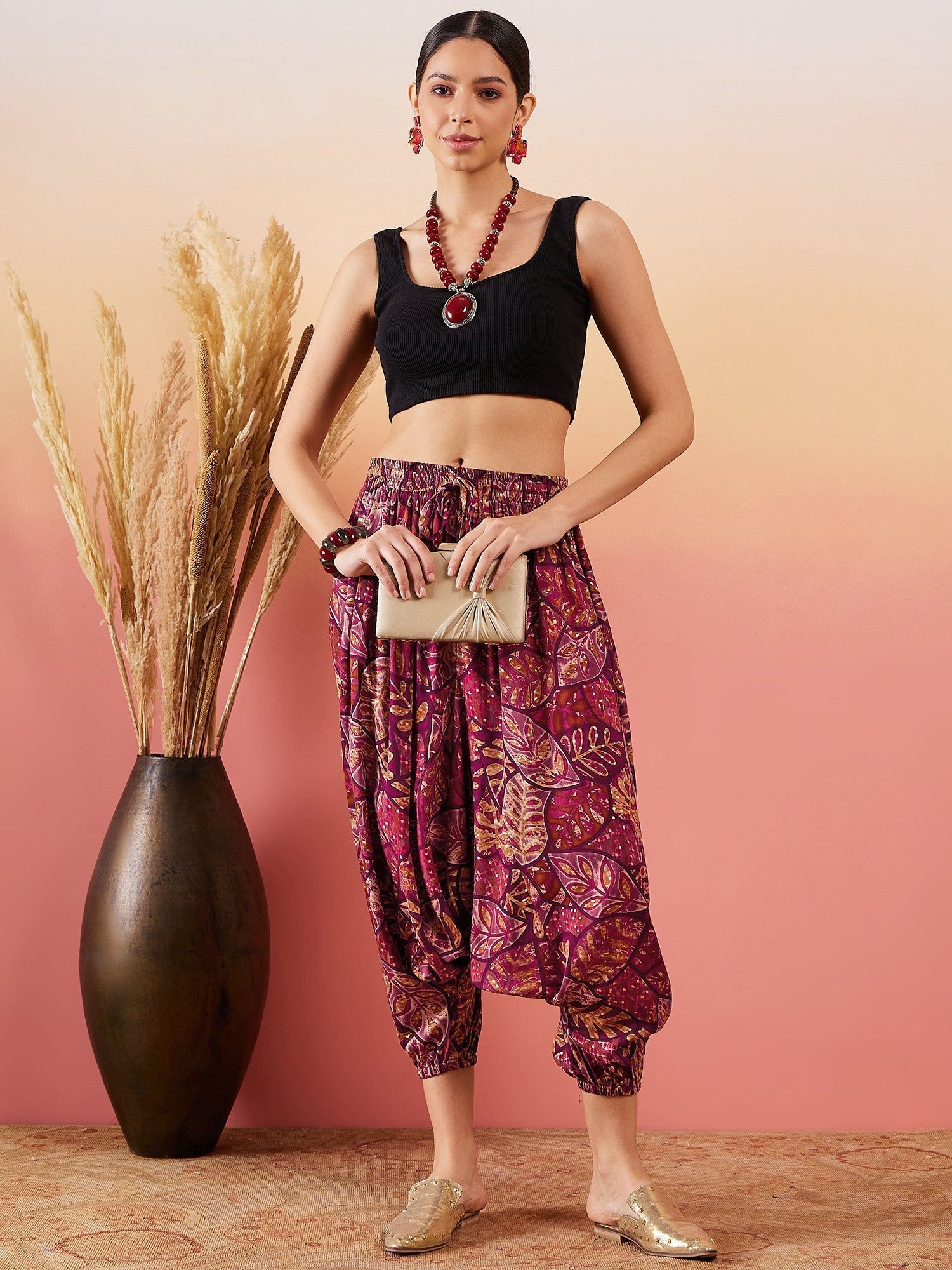 InWeave Wine Maroon Leaf Print Foil Harem Pant 