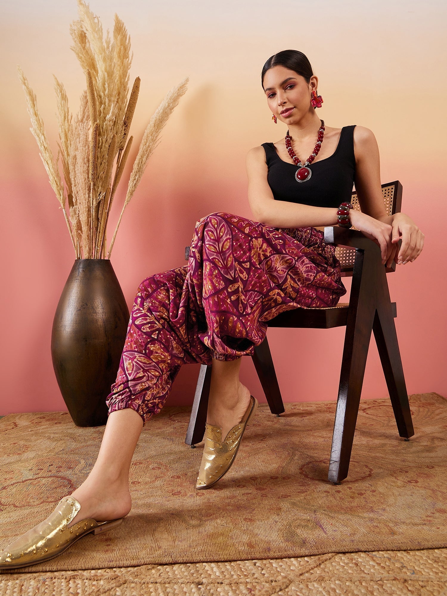 InWeave Wine Maroon Leaf Print Foil Harem Pant 
