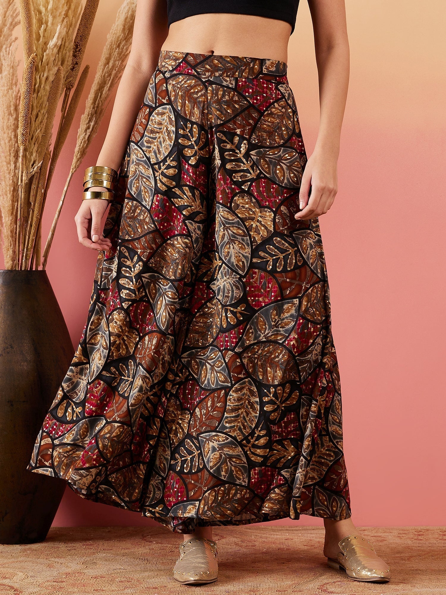 InWeave Black Grey Leaf Print Foil Palazzo 