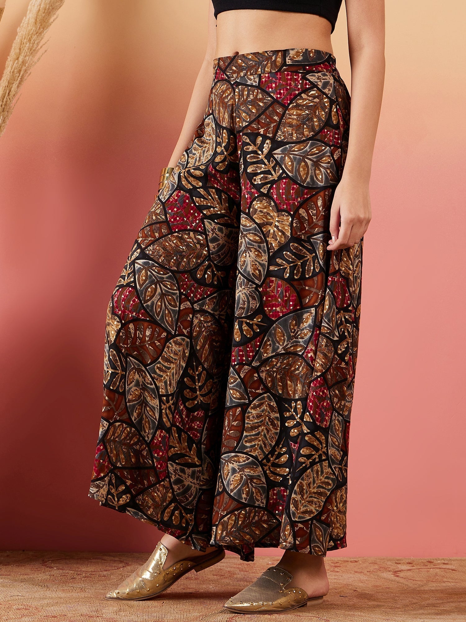 InWeave Black Grey Leaf Print Foil Palazzo 