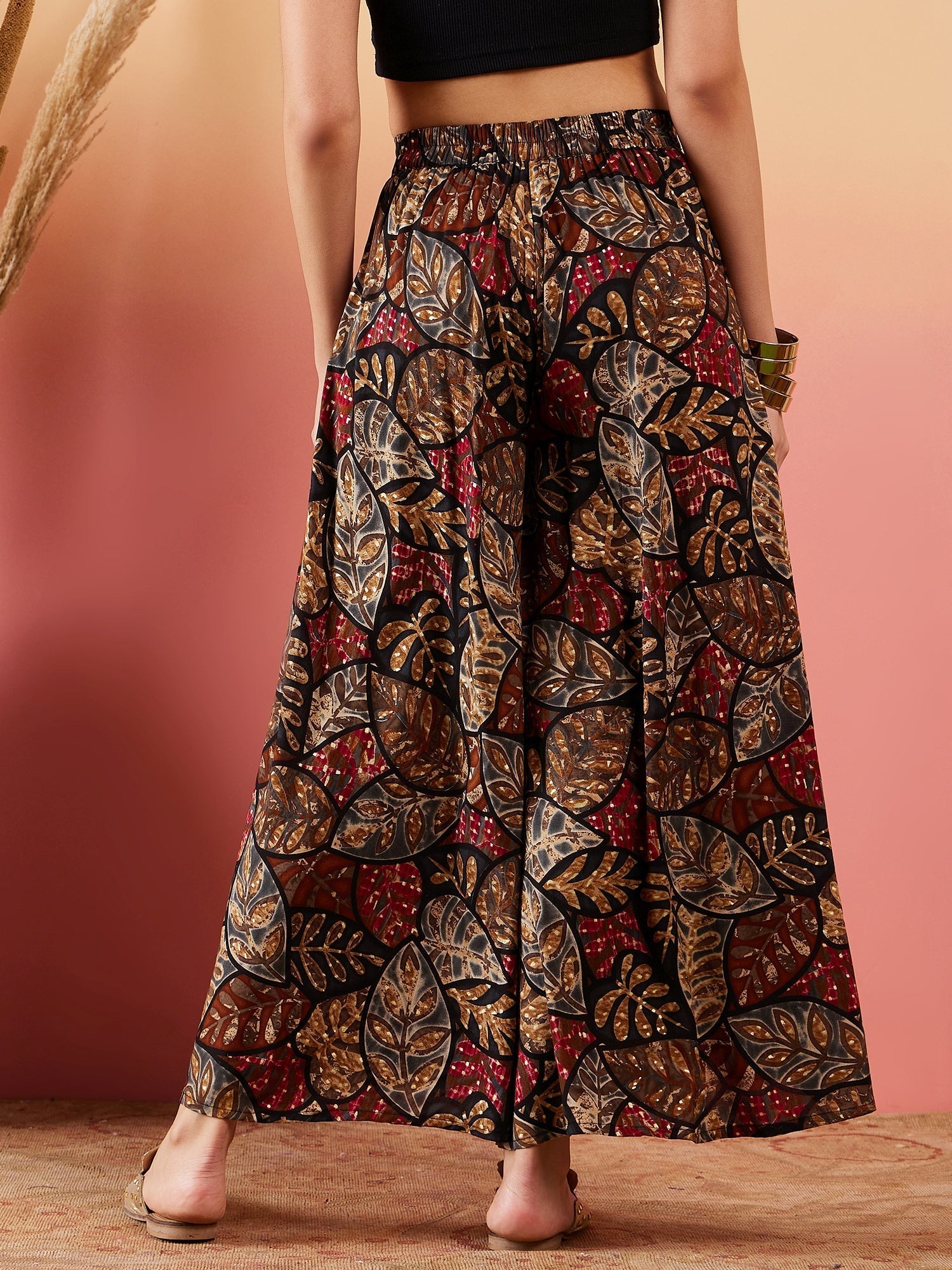 InWeave Black Grey Leaf Print Foil Palazzo 
