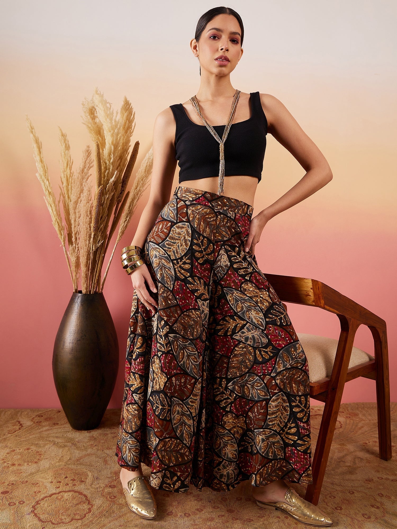 InWeave Black Grey Leaf Print Foil Palazzo 