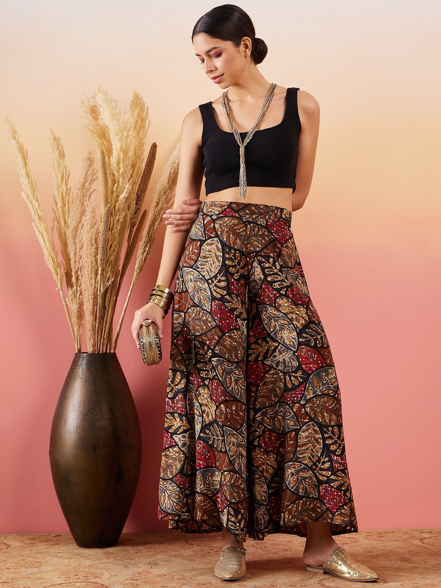 InWeave Black Grey Leaf Print Foil Palazzo 