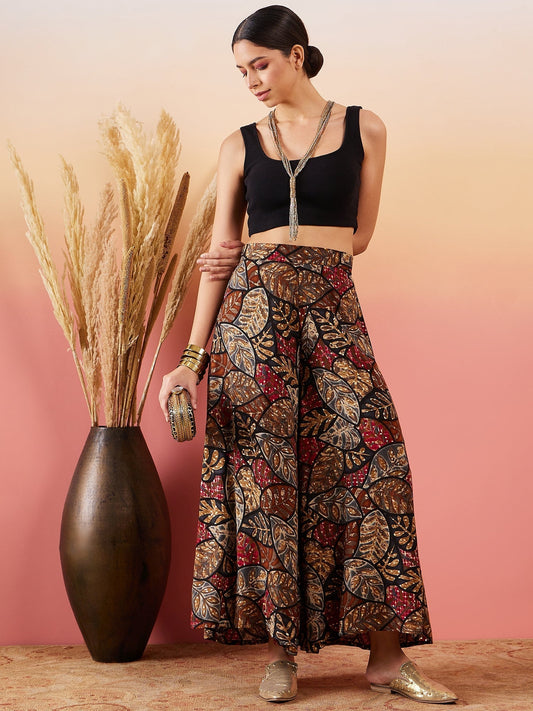 InWeave Black Grey Leaf Print Foil Palazzo 