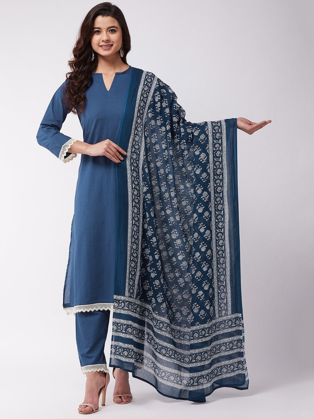 InWeave Blue Floral Cotton Dupattas 