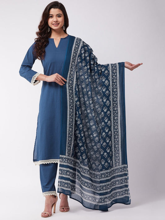 InWeave Blue Floral Cotton Dupattas 