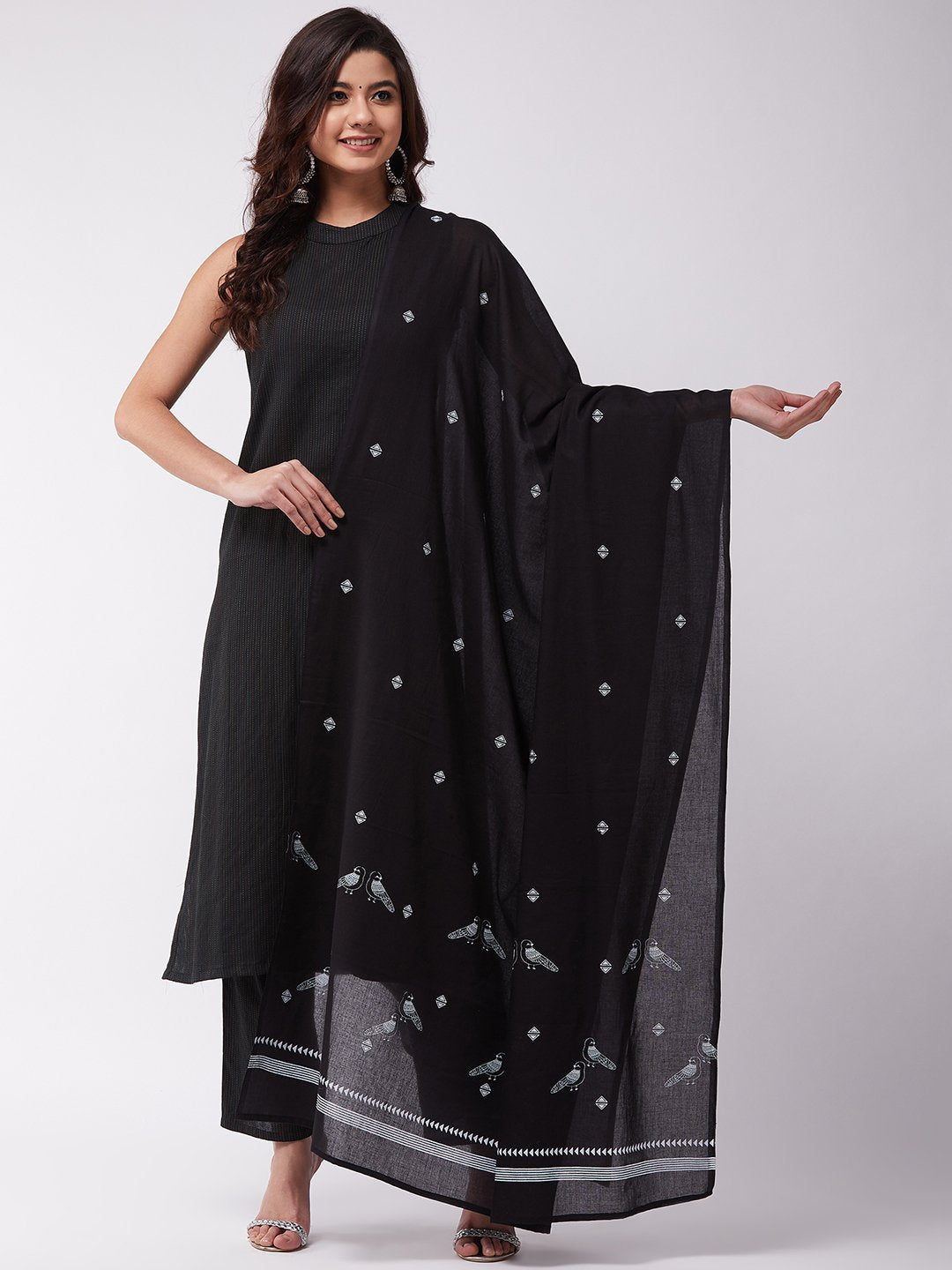 InWeave Black Bird Print Cotton Dupattas 