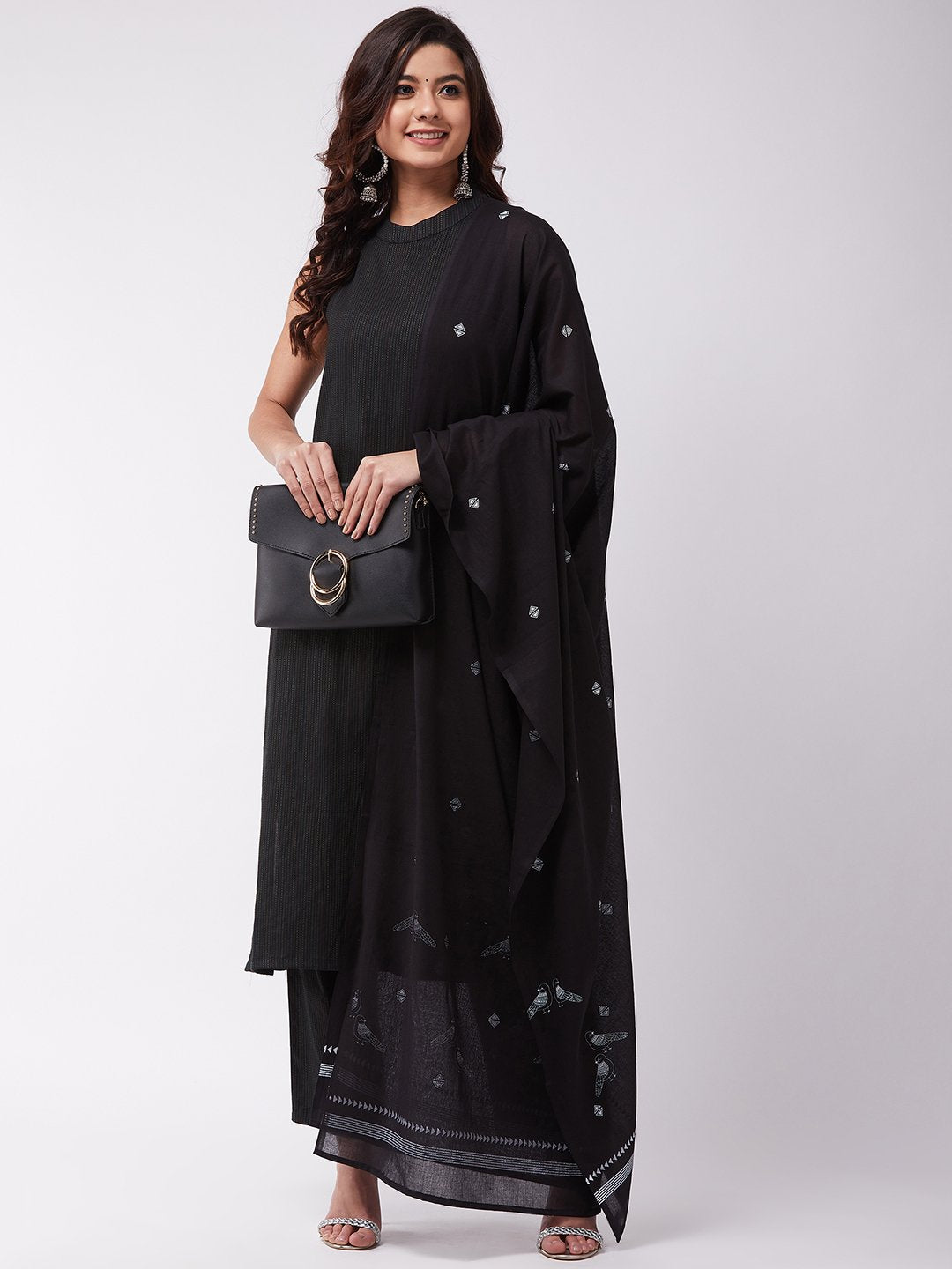 InWeave Black Bird Print Cotton Dupattas 