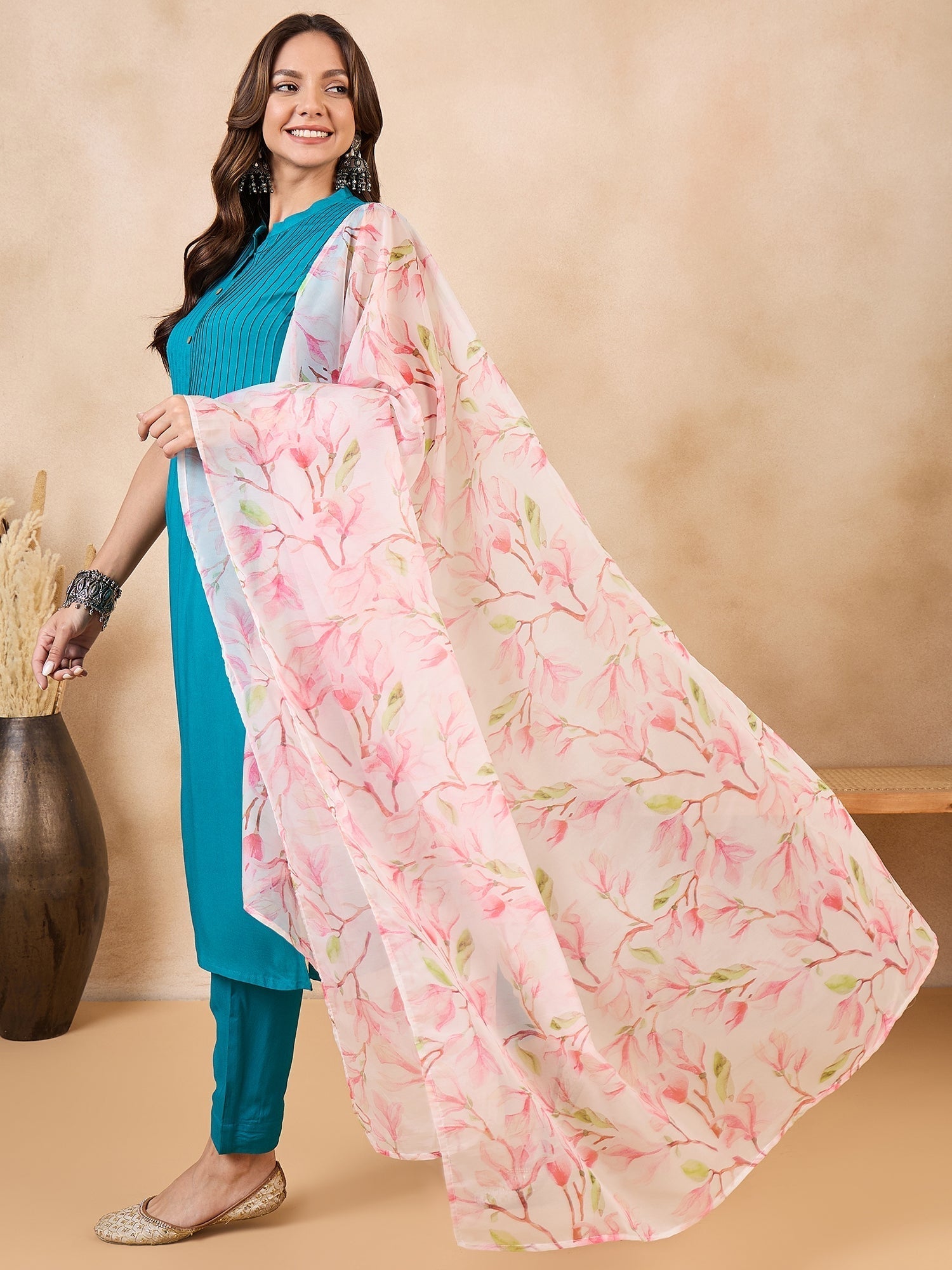 InWeave White Peach Floral Print Organza Dupatta 
