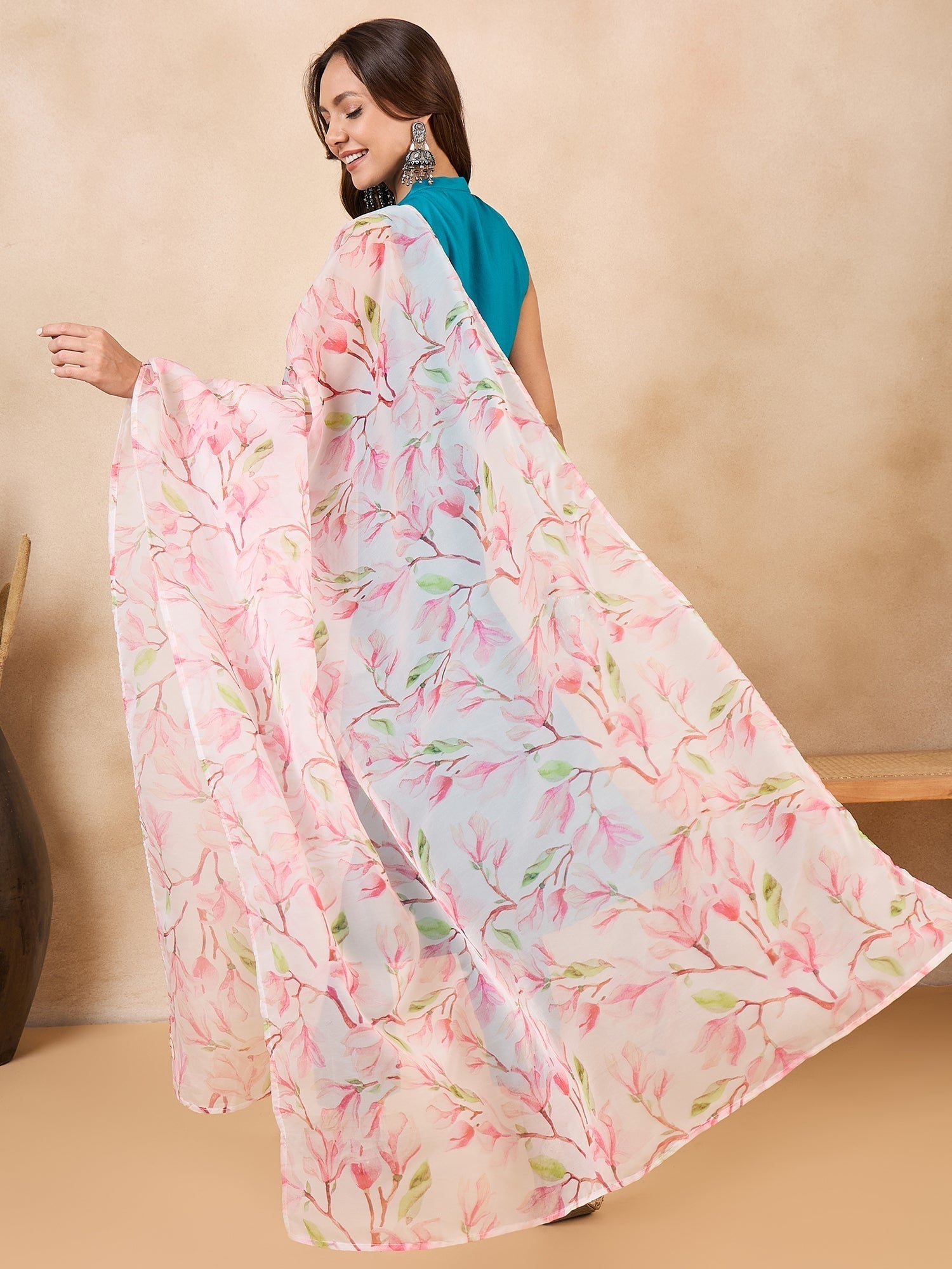 InWeave White Peach Floral Print Organza Dupatta 