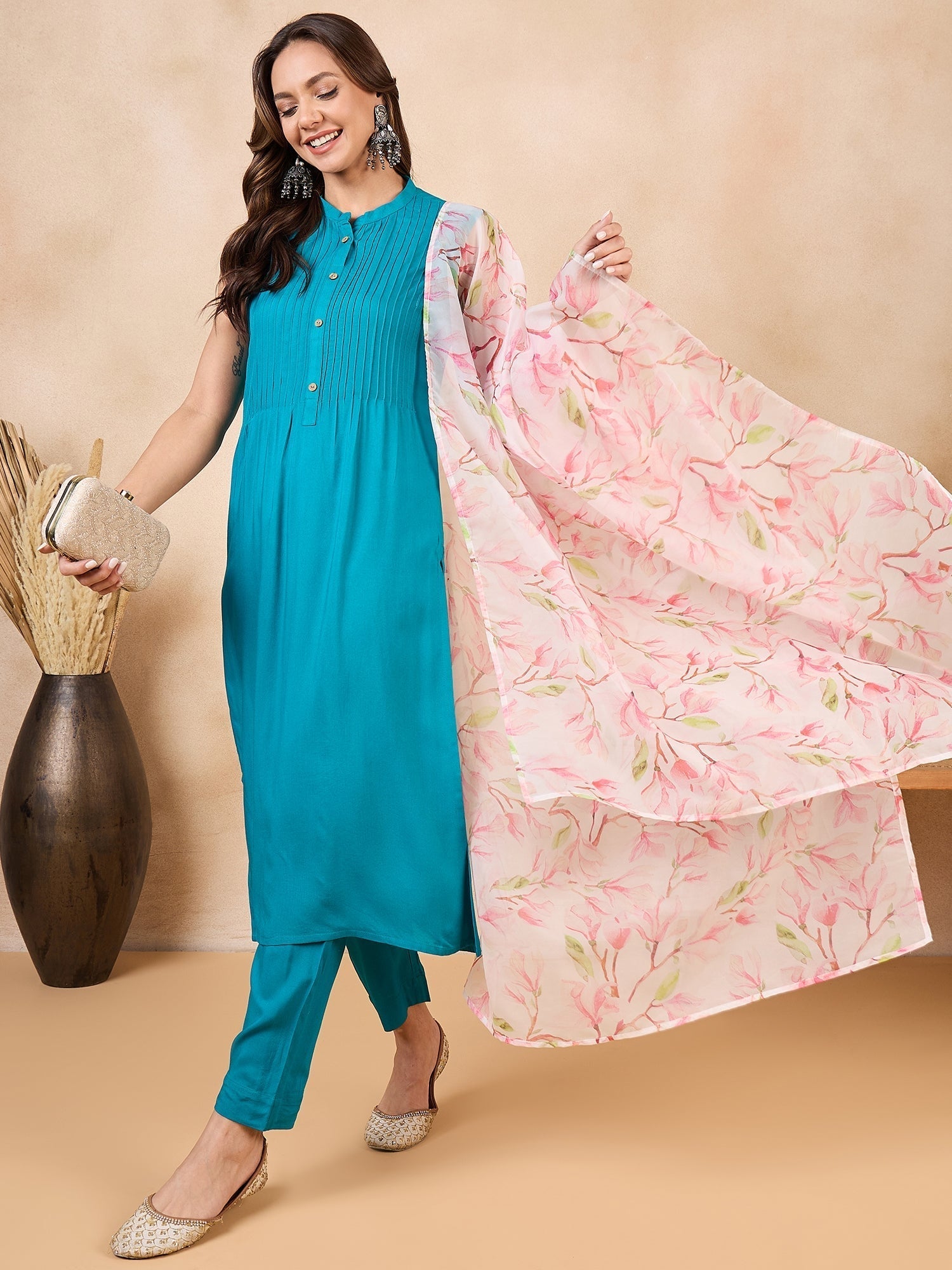 InWeave White Peach Floral Print Organza Dupatta 