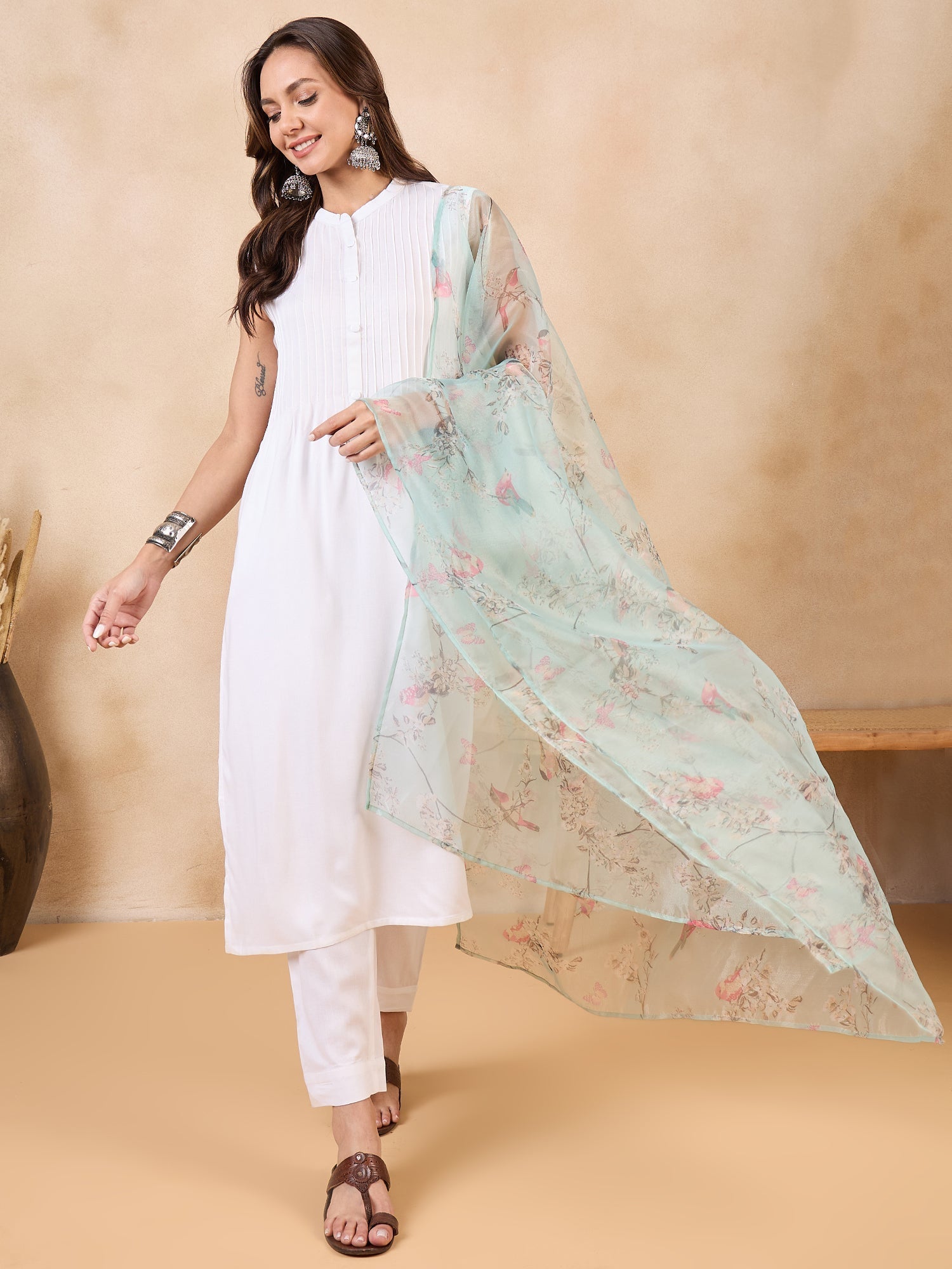 InWeave Teal Bird Print Organza Dupatta 