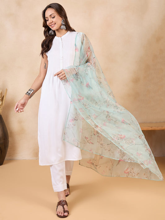 InWeave Teal Bird Print Organza Dupatta 